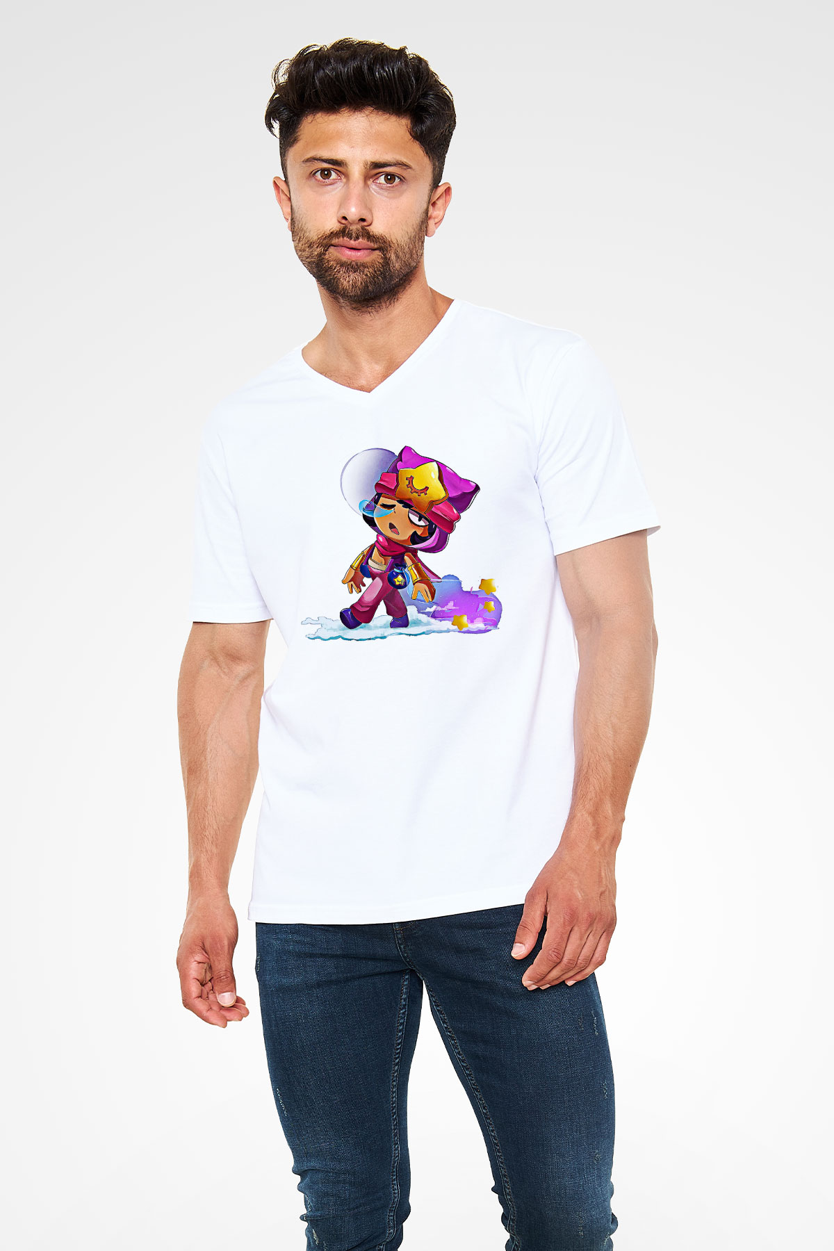 Brawl Stars Baskılı Beyaz Unisex V Yaka Tişört - Tshirt