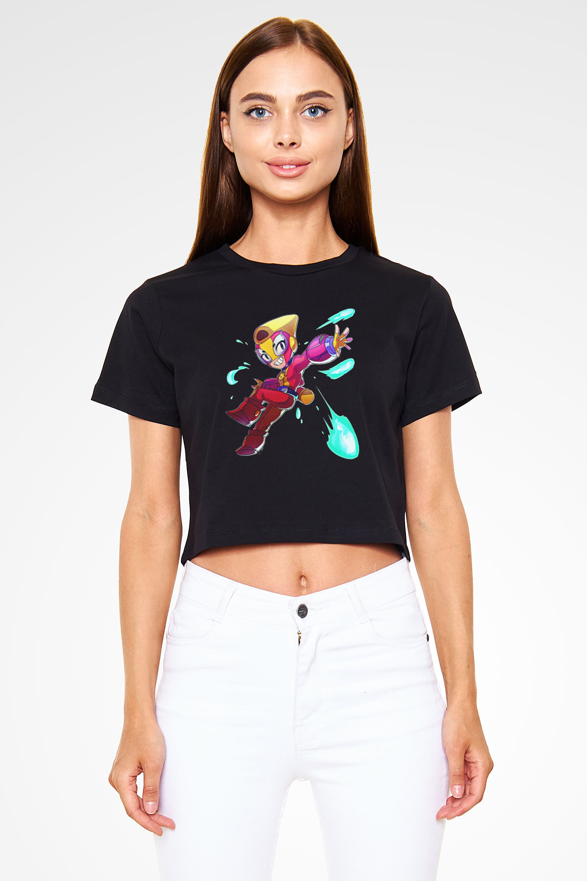 Brawl Stars Baskılı Siyah Crop Top Kadın Tişört - Tshirt