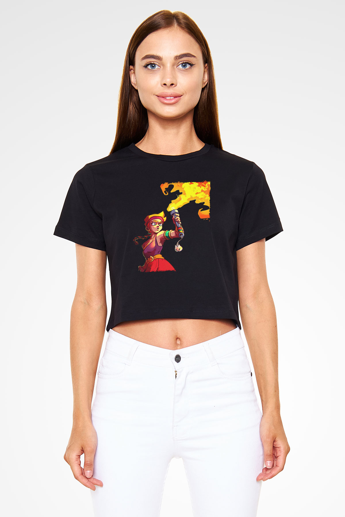 Brawl Stars Baskılı Siyah Crop Top Kadın Tişört - Tshirt