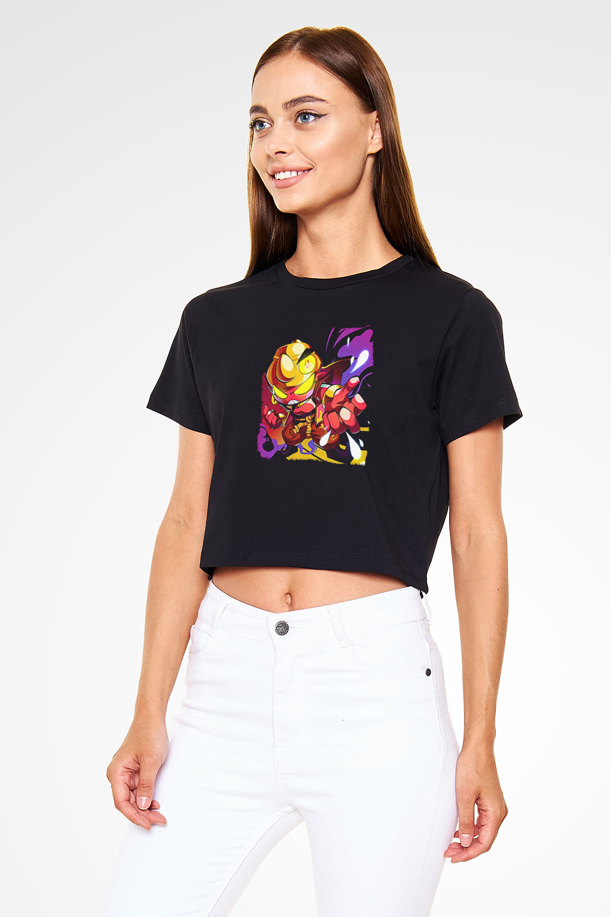 Brawl Stars Baskılı Siyah Crop Top Kadın Tişört - Tshirt