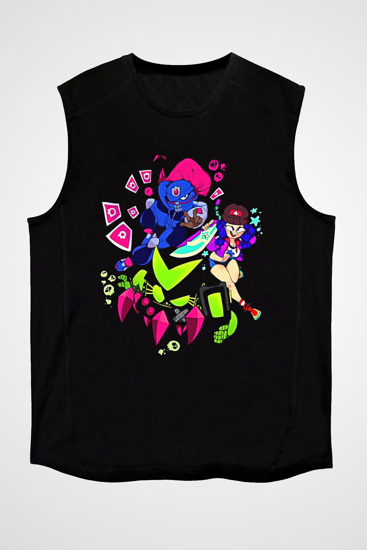 Brawl Stars Baskılı Unisex Siyah Kolsuz Tişört - Tshirt