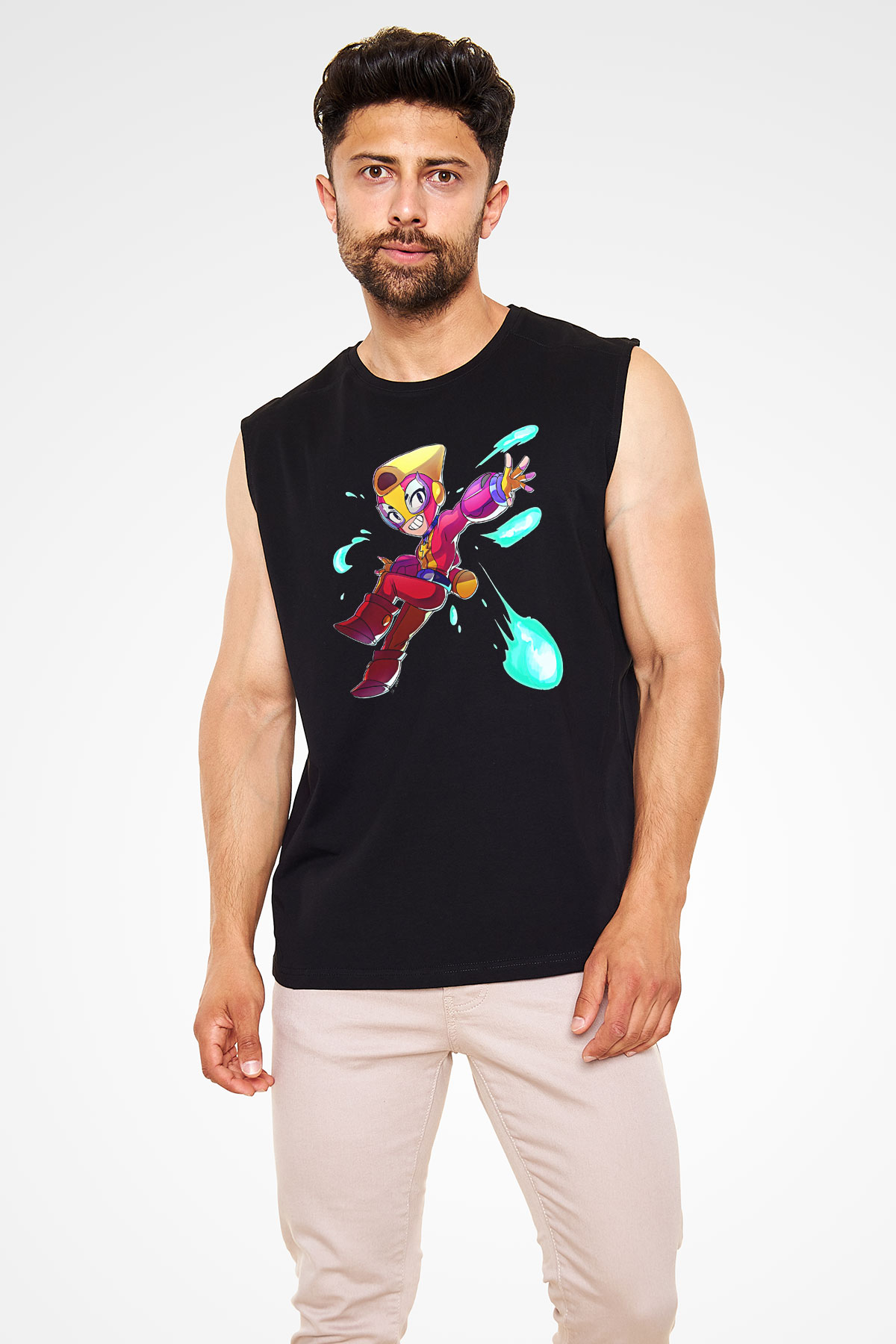 Brawl Stars Baskılı Unisex Siyah Kolsuz Tişört - Tshirt