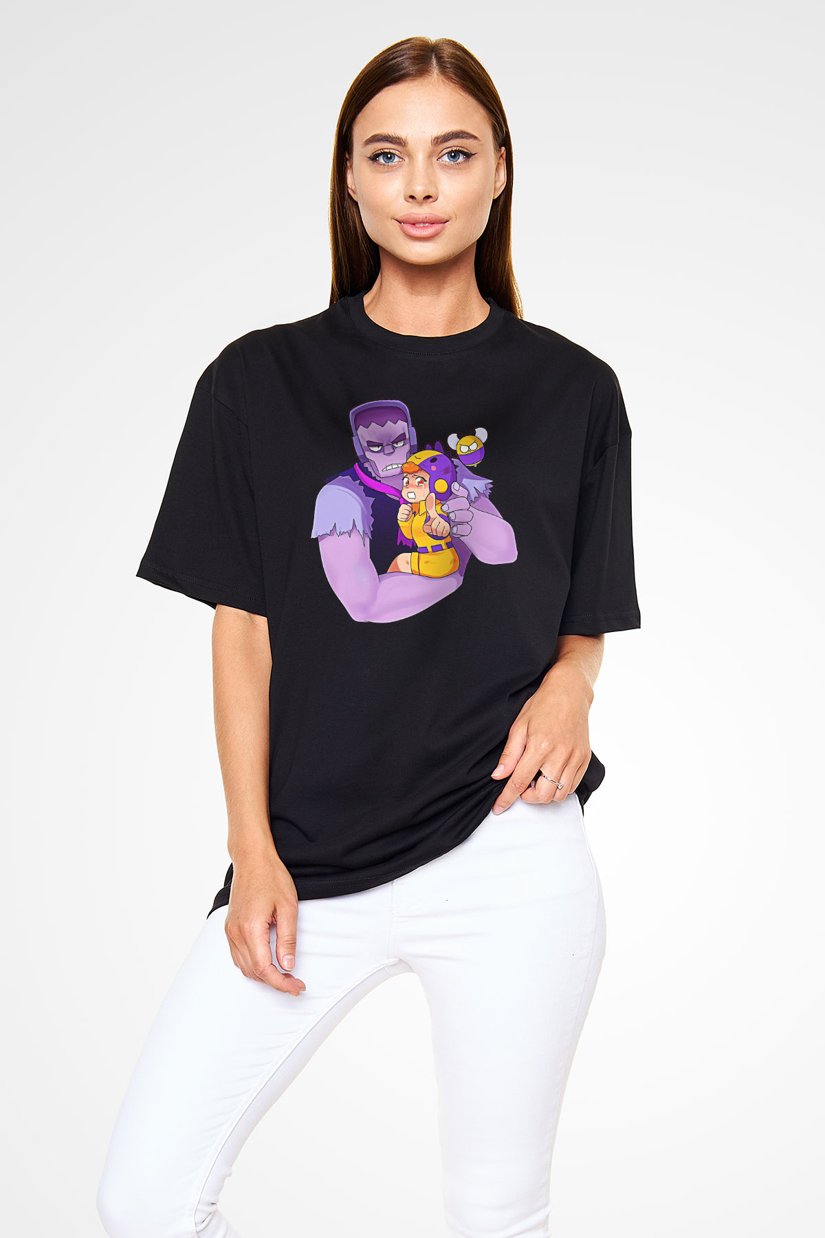 Brawl Stars Baskılı Unisex Siyah Oversize Tişört - Tshirt