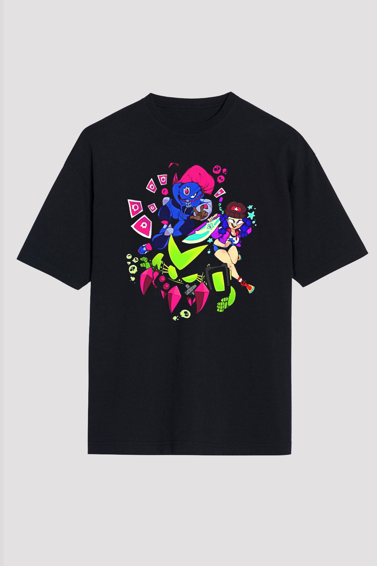 Brawl Stars Baskılı Unisex Siyah Oversize Tişört - Tshirt