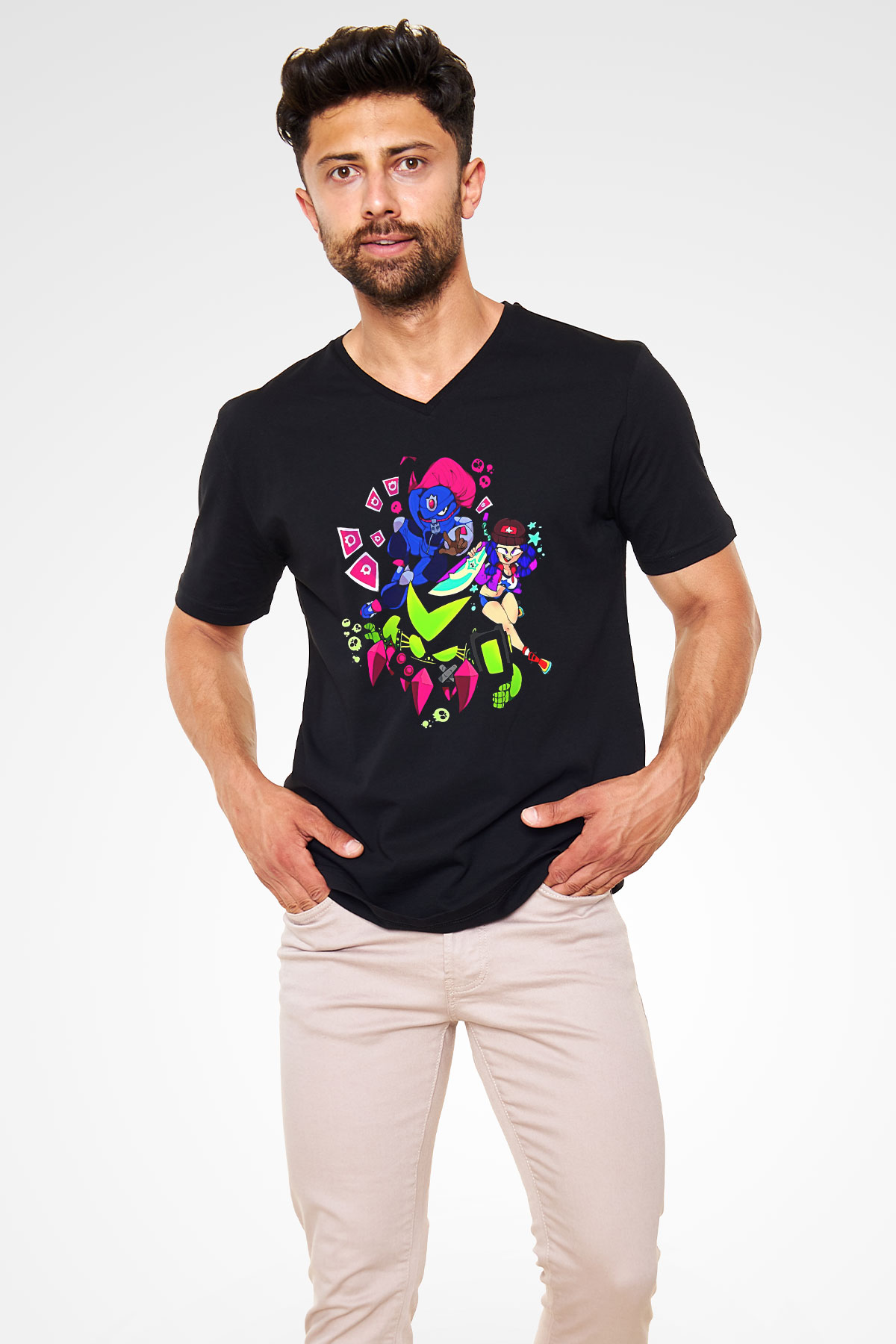 Brawl Stars Baskılı Unisex Siyah V Yaka Tişört - Tshirt