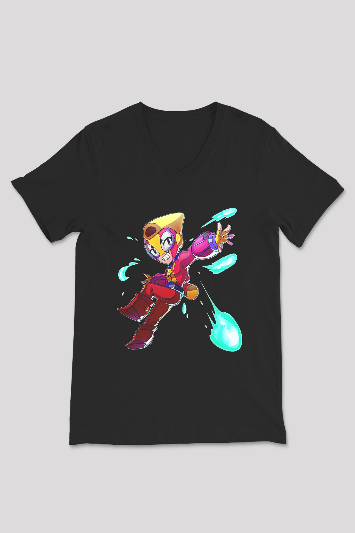 Brawl Stars Baskılı Unisex Siyah V Yaka Tişört - Tshirt