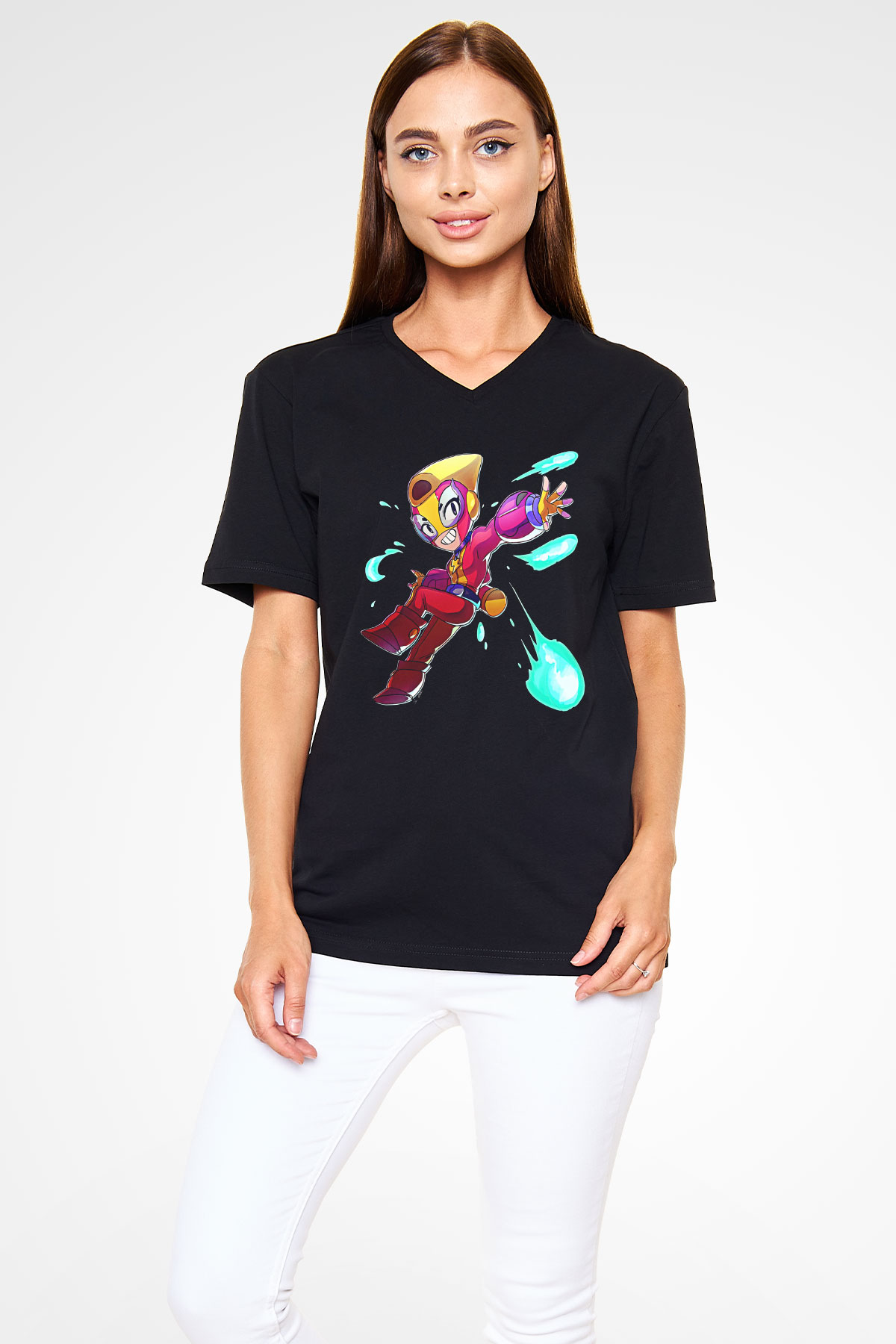 Brawl Stars Baskılı Unisex Siyah V Yaka Tişört - Tshirt