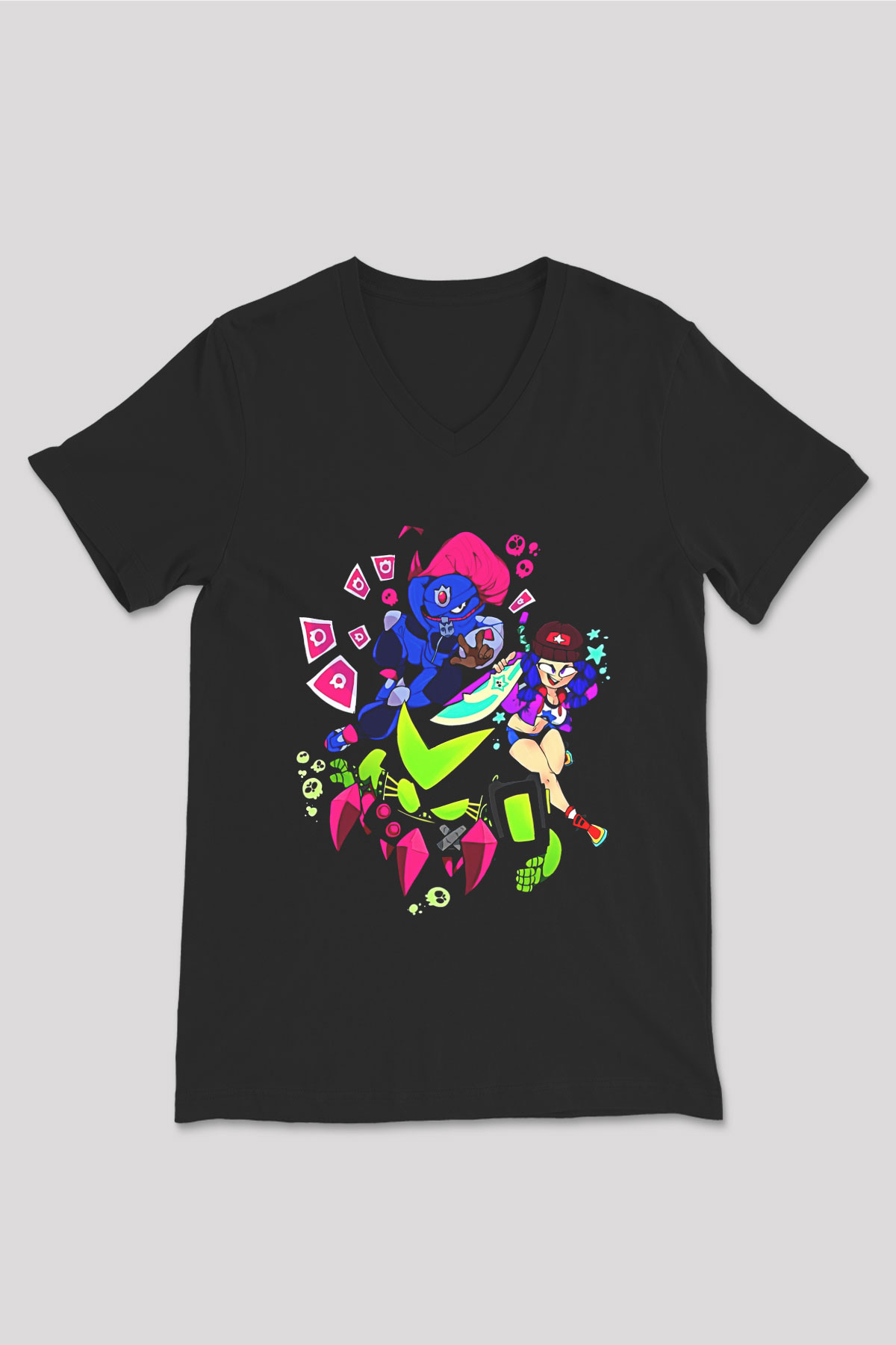 Brawl Stars Baskılı Unisex Siyah V Yaka Tişört - Tshirt
