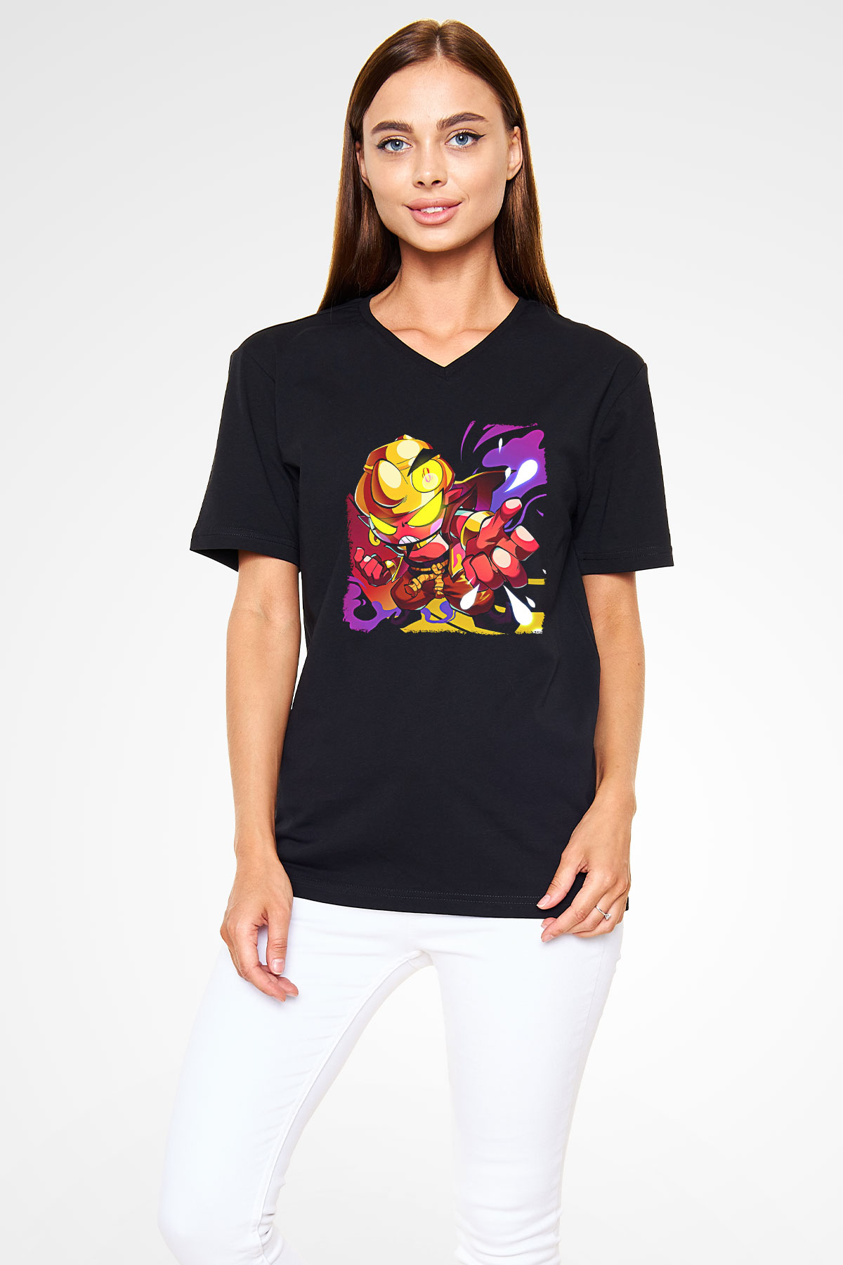 Brawl Stars Baskılı Unisex Siyah V Yaka Tişört - Tshirt