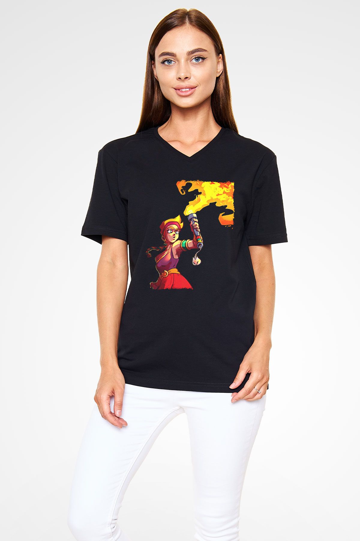 Brawl Stars Baskılı Unisex Siyah V Yaka Tişört - Tshirt