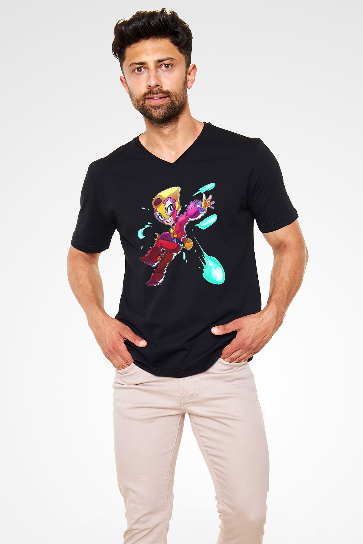 Brawl Stars Baskılı Unisex Siyah V Yaka Tişört - Tshirt