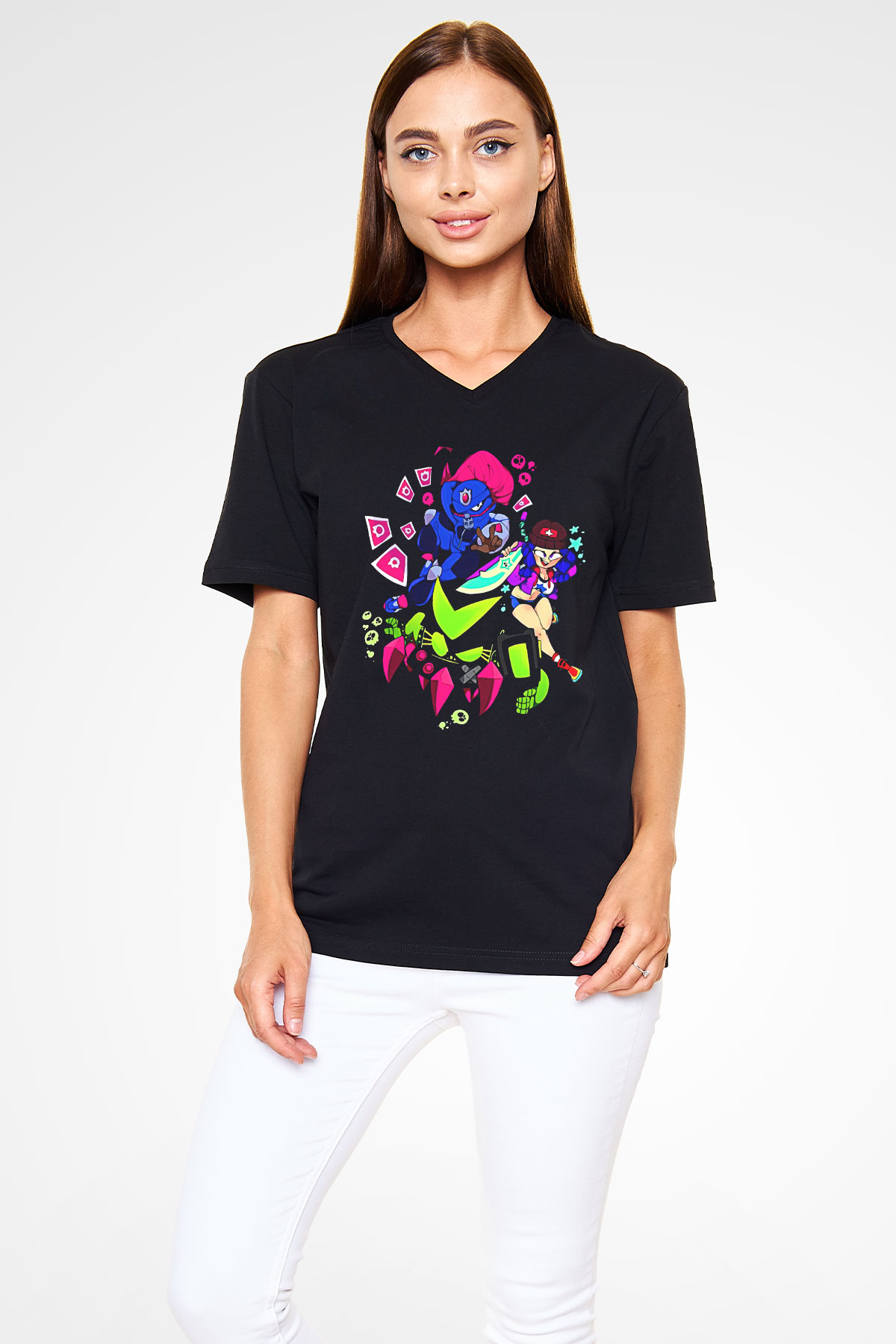 Brawl Stars Baskılı Unisex Siyah V Yaka Tişört - Tshirt