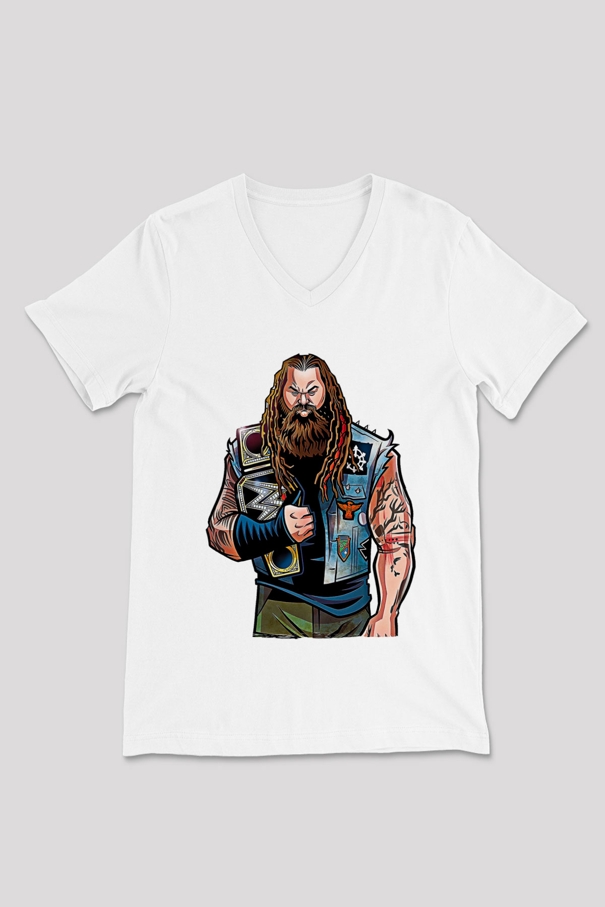 Bray Wyatt Baskılı Beyaz Unisex V Yaka Tişört - Tshirt