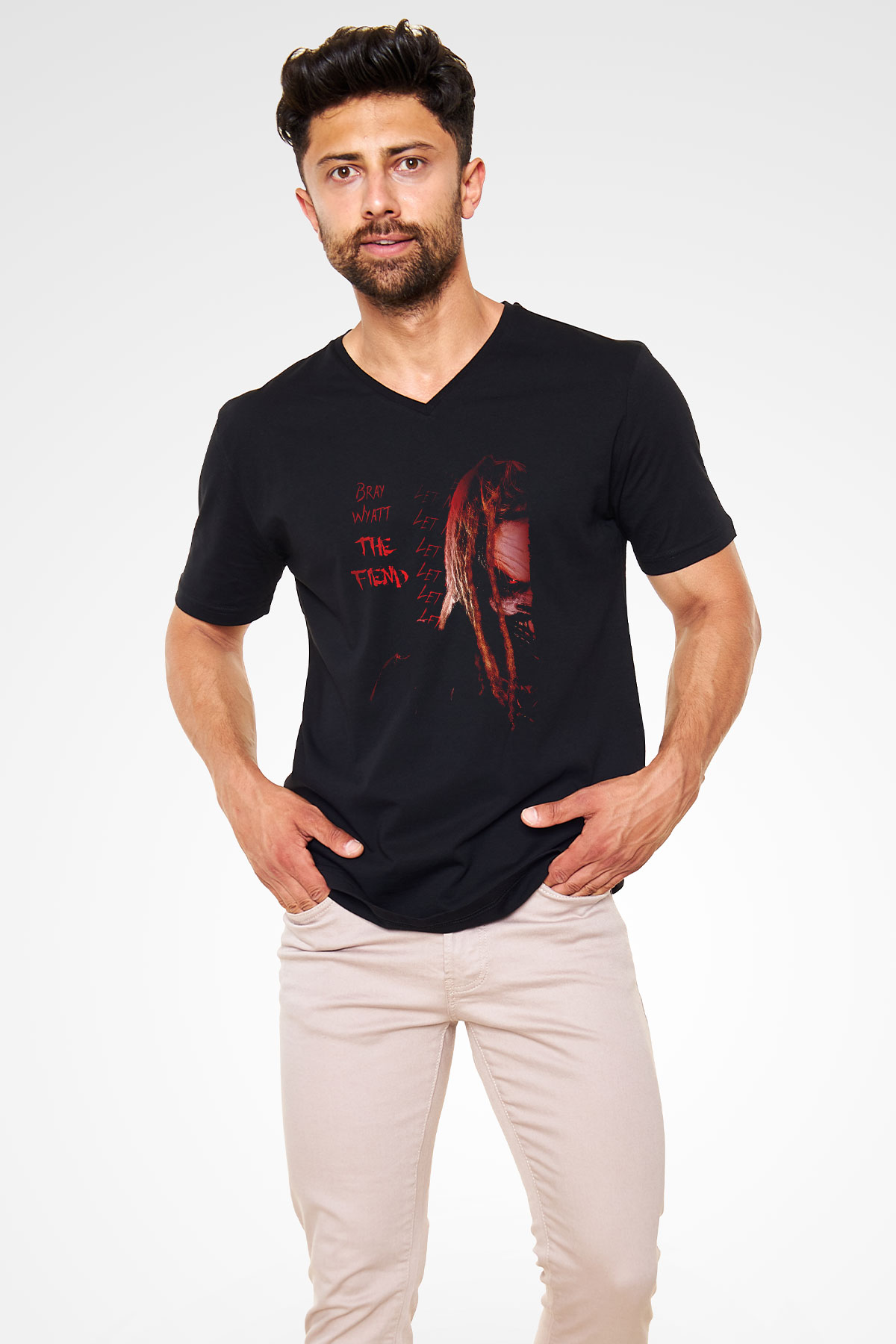 Bray Wyatt Baskılı Unisex Siyah V Yaka Tişört - Tshirt