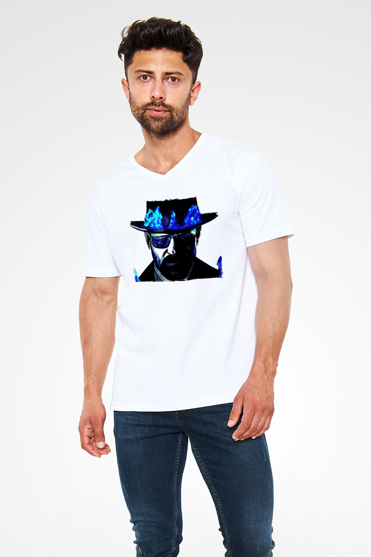 Breaking Bad Heisenberg Beyaz Unisex V Yaka Tişört