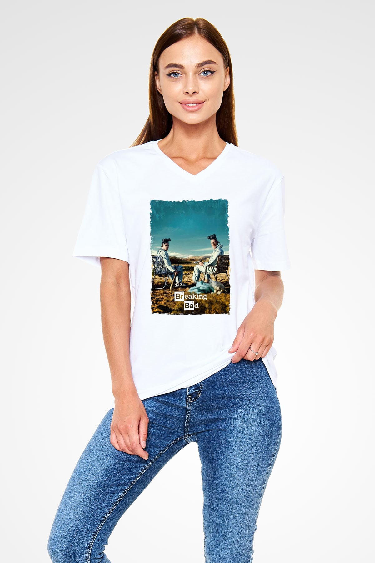 Breaking Bad Heisenberg Beyaz Unisex V Yaka Tişört