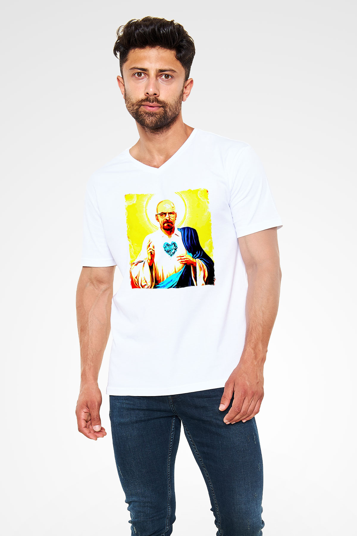 Breaking Bad Heisenberg Beyaz Unisex V Yaka Tişört