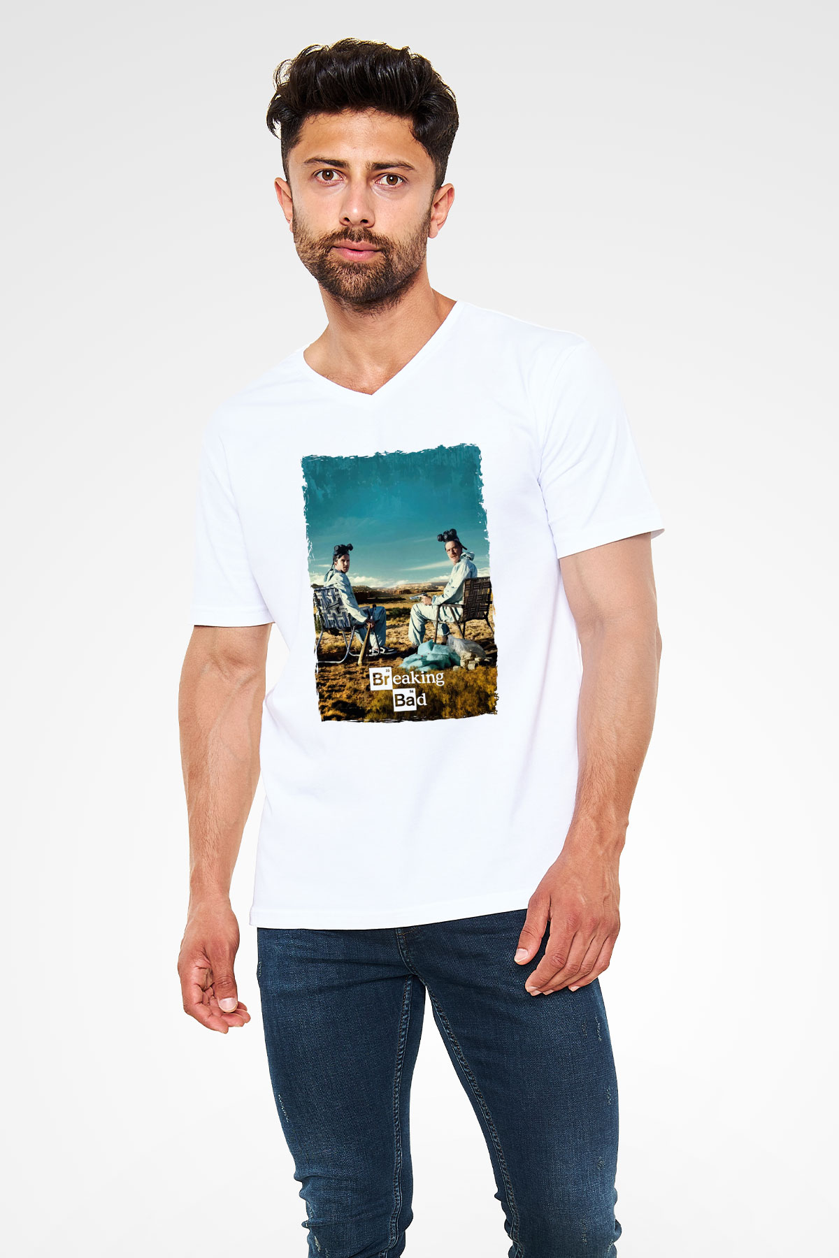 Breaking Bad Heisenberg Beyaz Unisex V Yaka Tişört