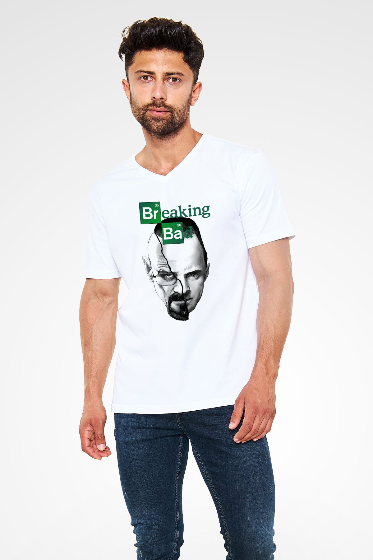 Breaking Bad Heisenberg Beyaz Unisex V Yaka Tişört T-Shirt