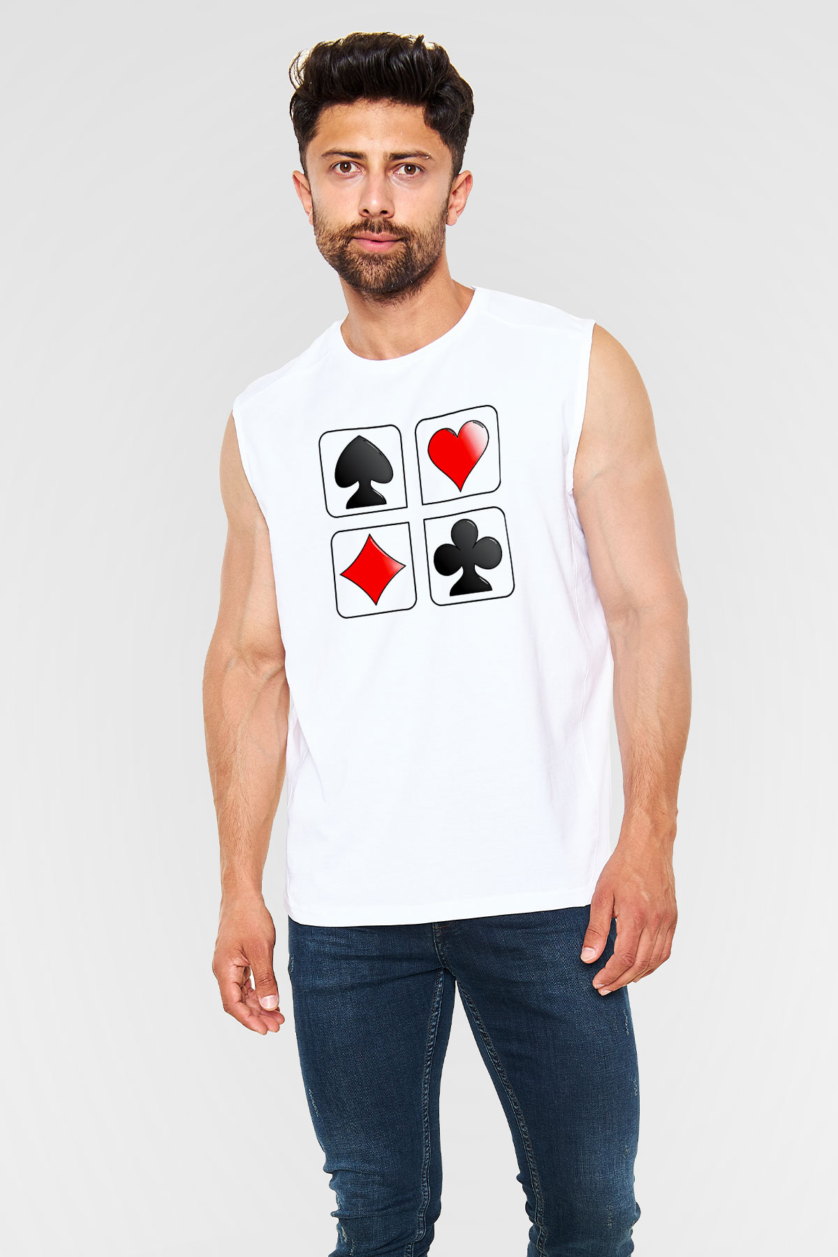 Briç Baskılı Unisex Kolsuz Beyaz Tişört