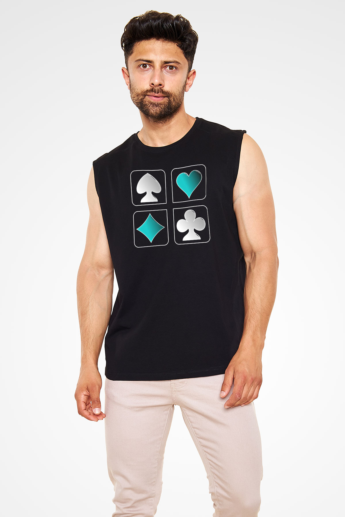 Briç Baskılı Unisex Siyah Kolsuz Tişört