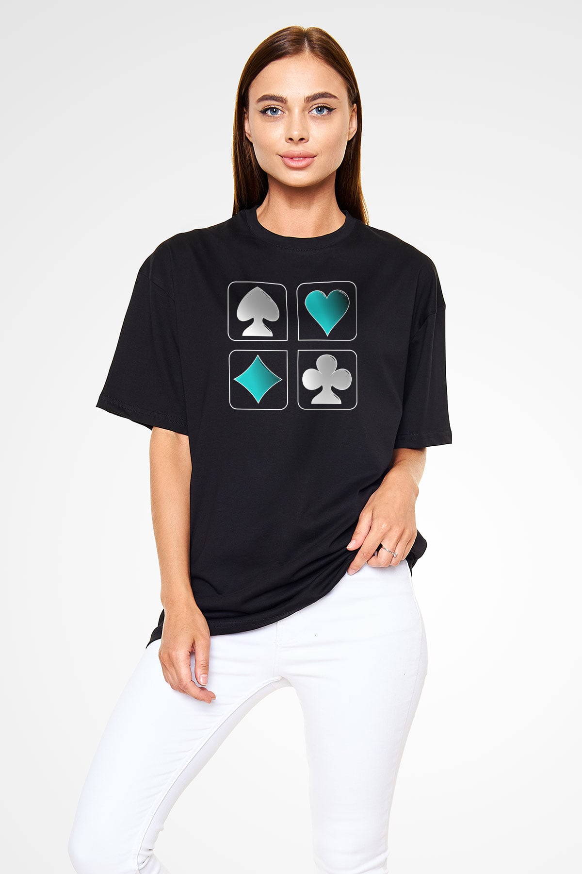 Briç Baskılı Unisex Siyah Oversize Tişört