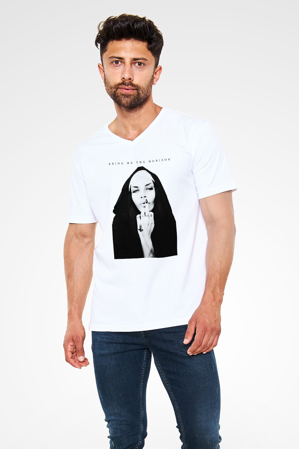 Bring Me the Horizon Beyaz Unisex V Yaka Tişört T-Shirt