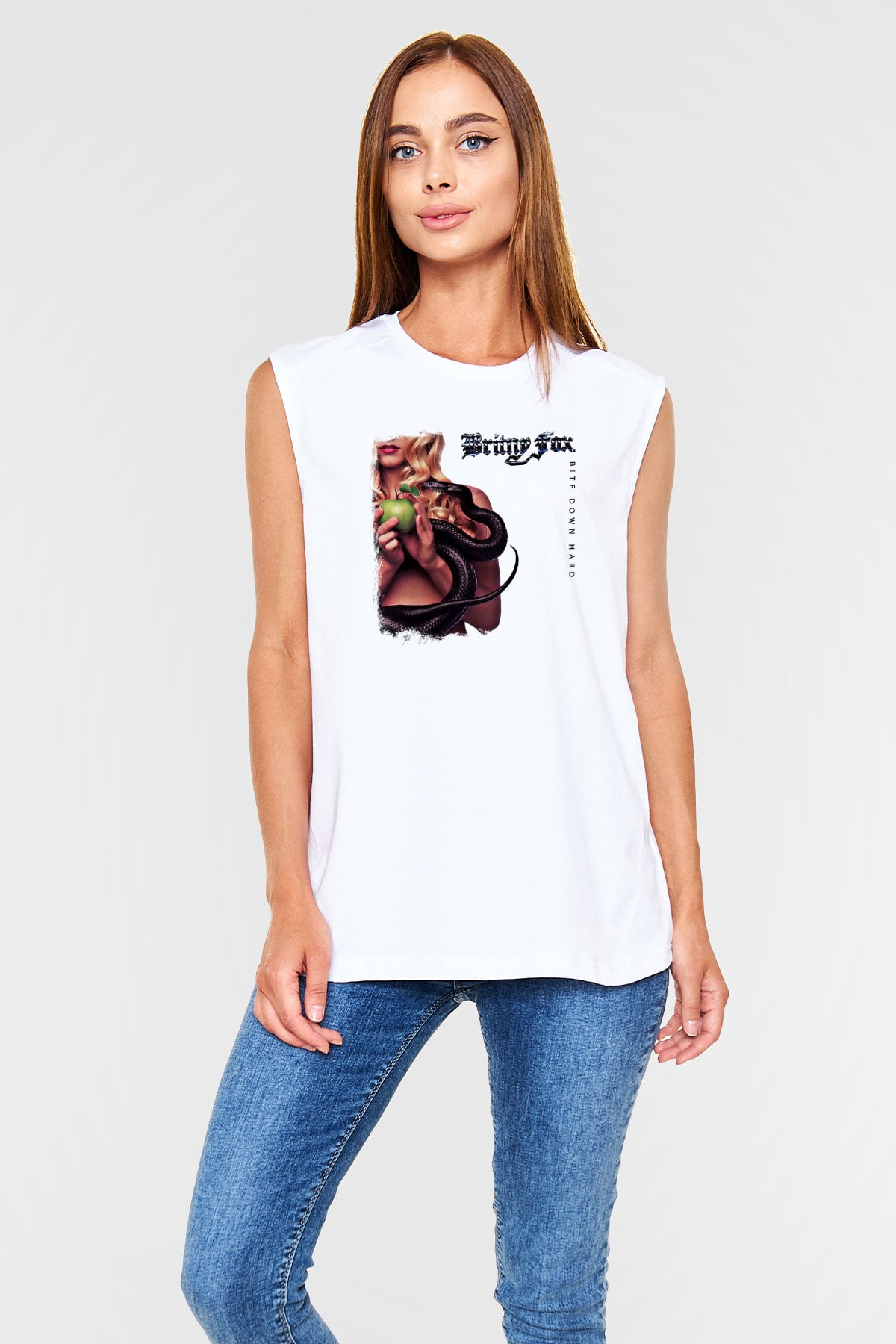 Britny Fox Baskılı Unisex Beyaz Kolsuz Tişört