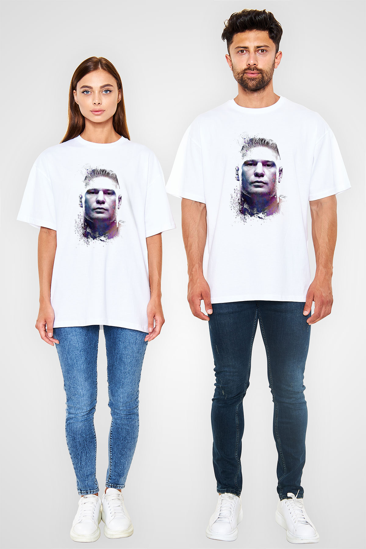 Brock Lesnar Baskılı Beyaz Unisex Oversize Tişört - Tshirt