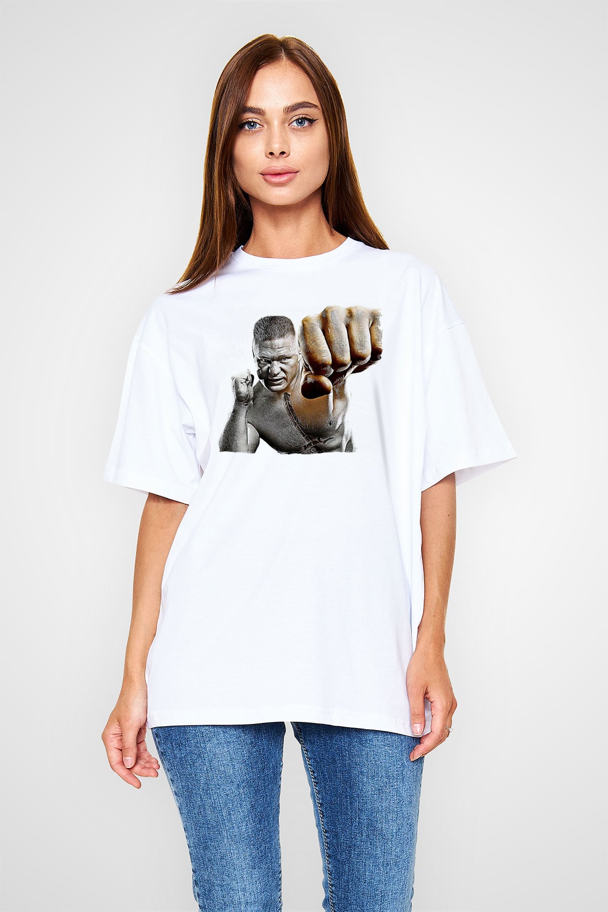 Brock Lesnar Baskılı Beyaz Unisex Oversize Tişört - Tshirt
