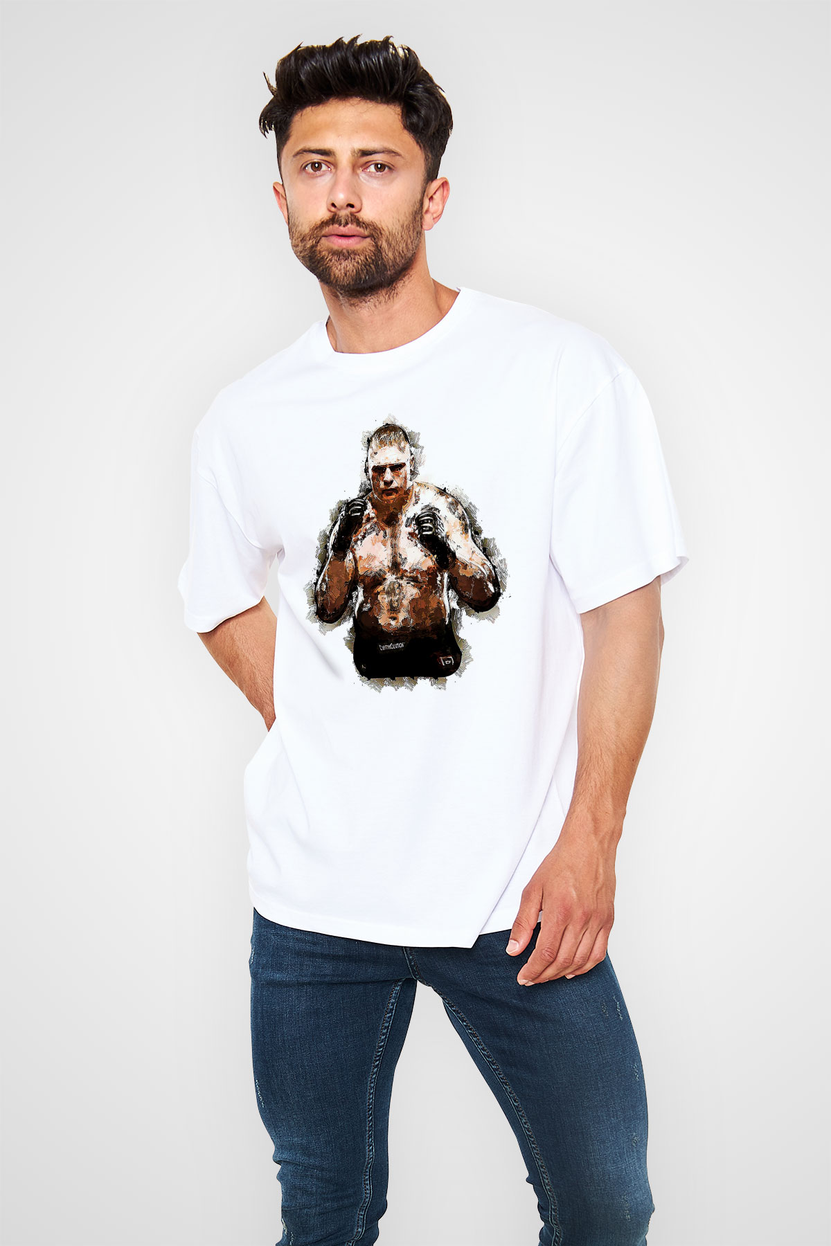 Brock Lesnar Baskılı Beyaz Unisex Oversize Tişört - Tshirt