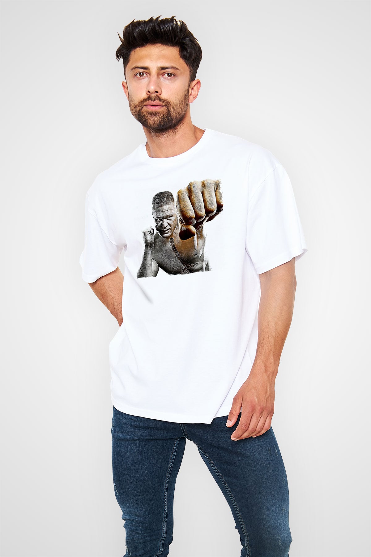Brock Lesnar Baskılı Beyaz Unisex Oversize Tişört - Tshirt