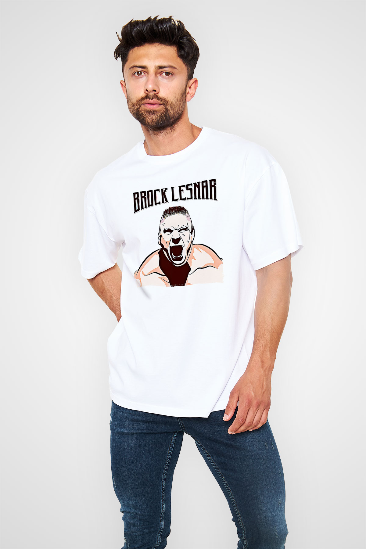 Brock Lesnar Baskılı Beyaz Unisex Oversize Tişört - Tshirt