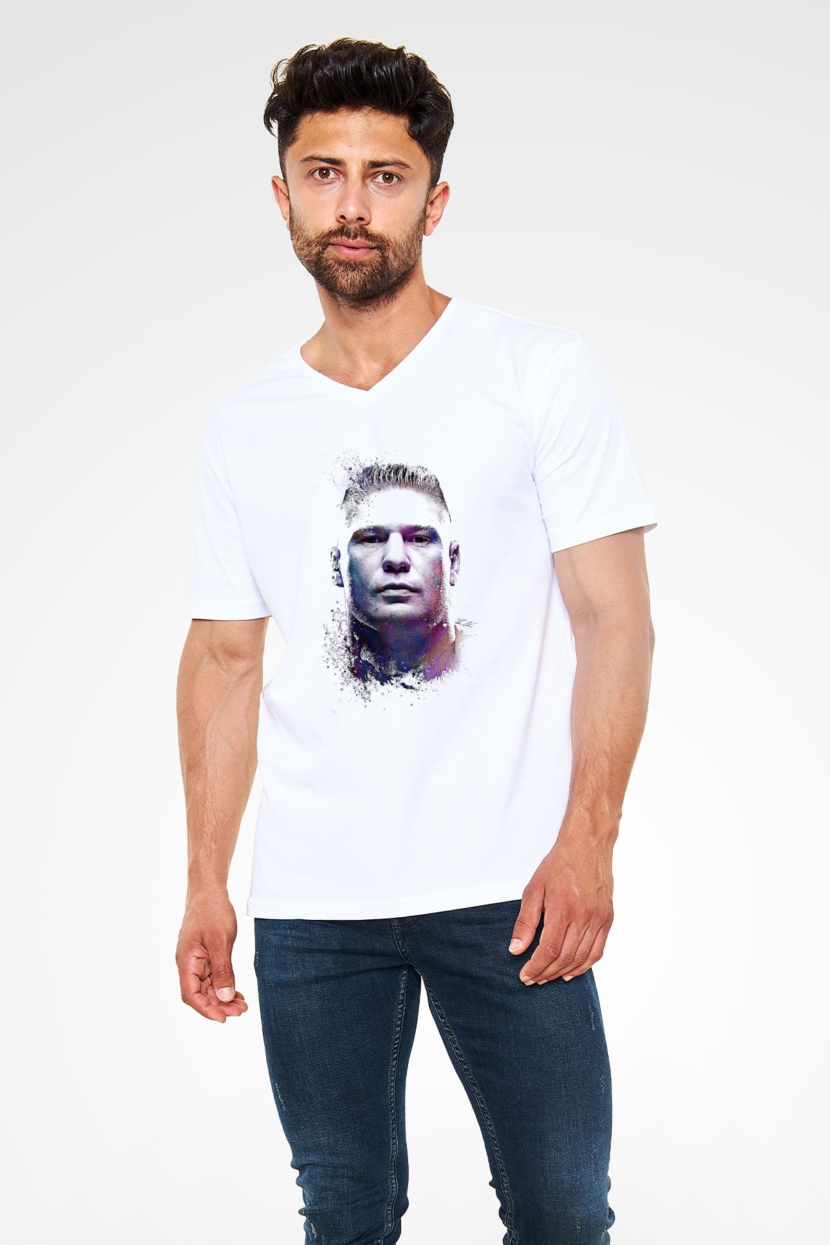 Brock Lesnar Baskılı Beyaz Unisex V Yaka Tişört - Tshirt