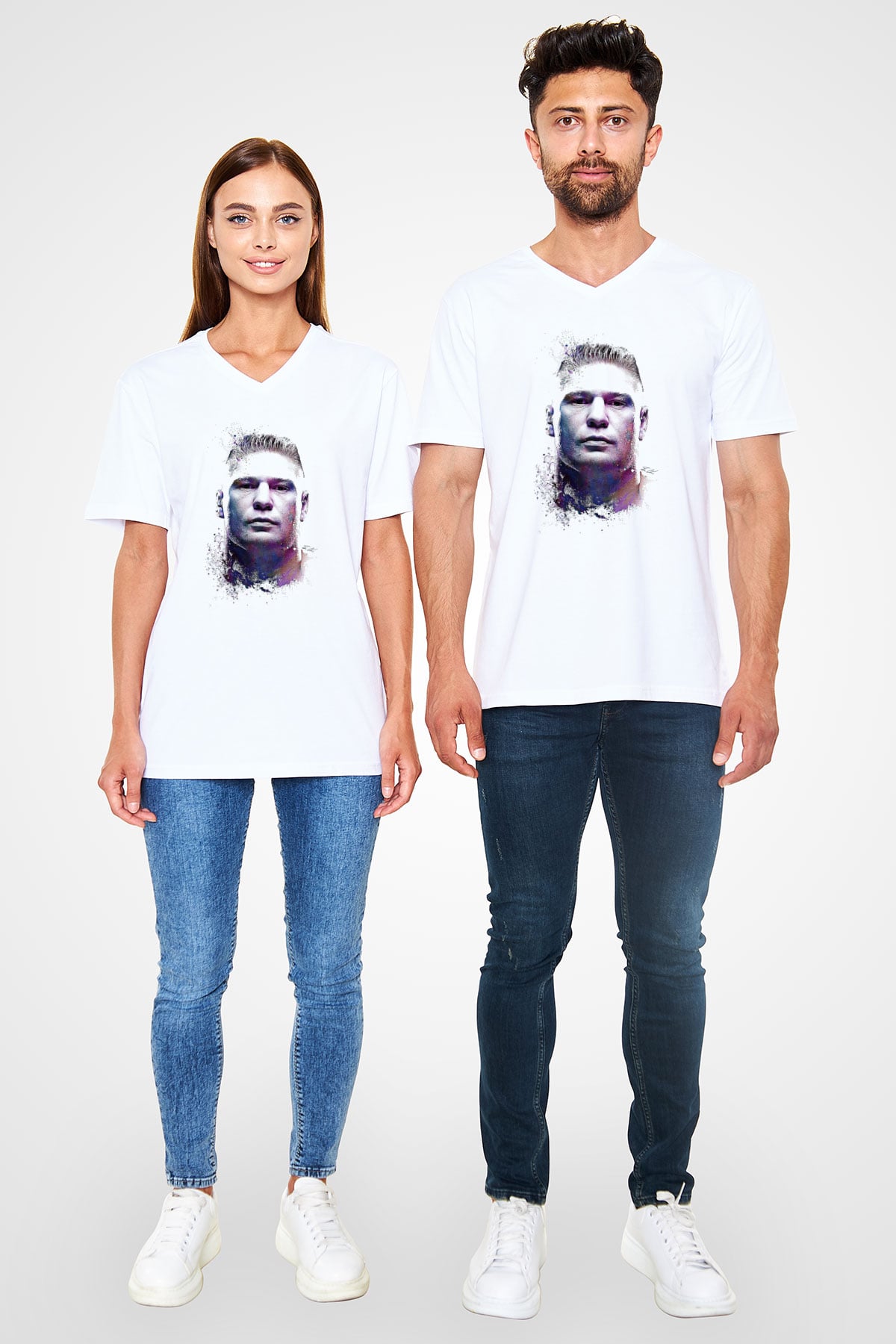 Brock Lesnar Baskılı Beyaz Unisex V Yaka Tişört - Tshirt