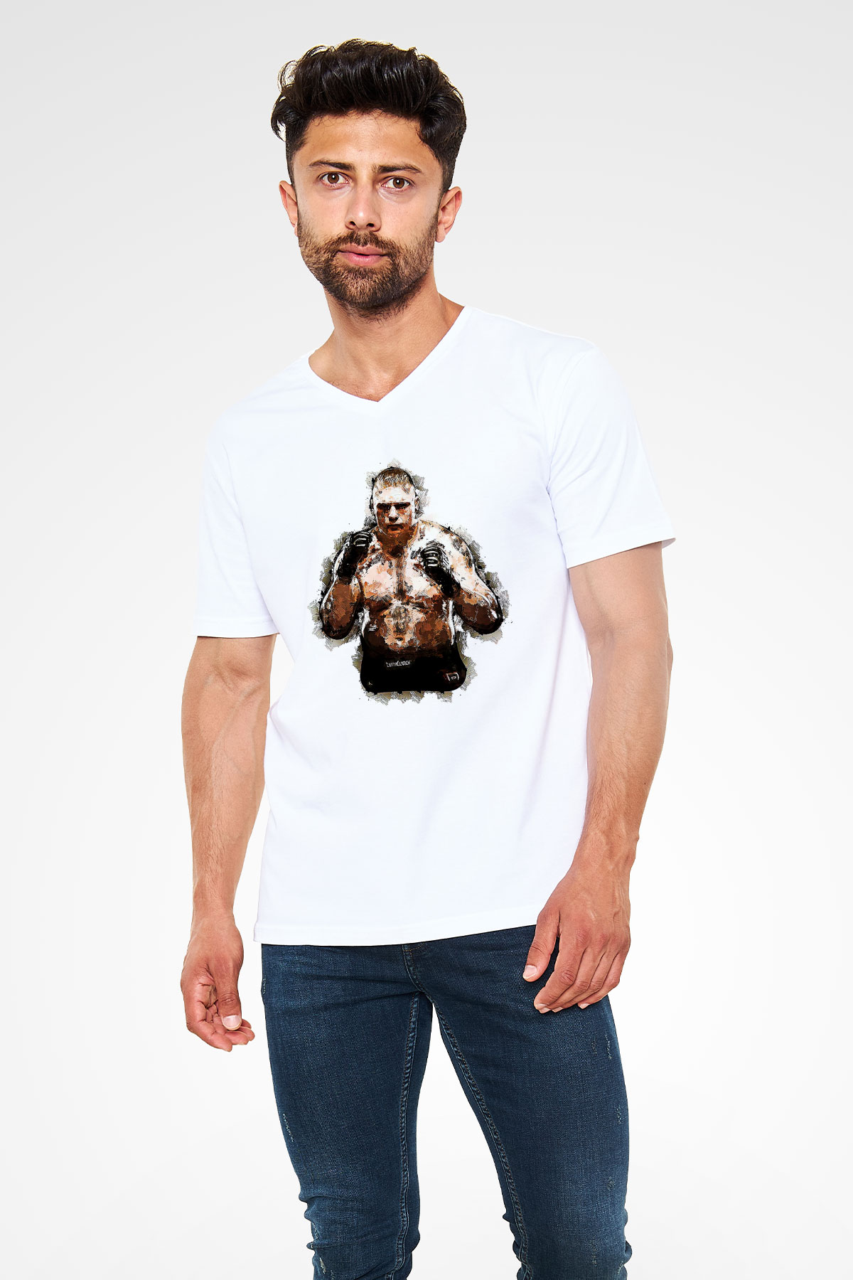 Brock Lesnar Baskılı Beyaz Unisex V Yaka Tişört - Tshirt