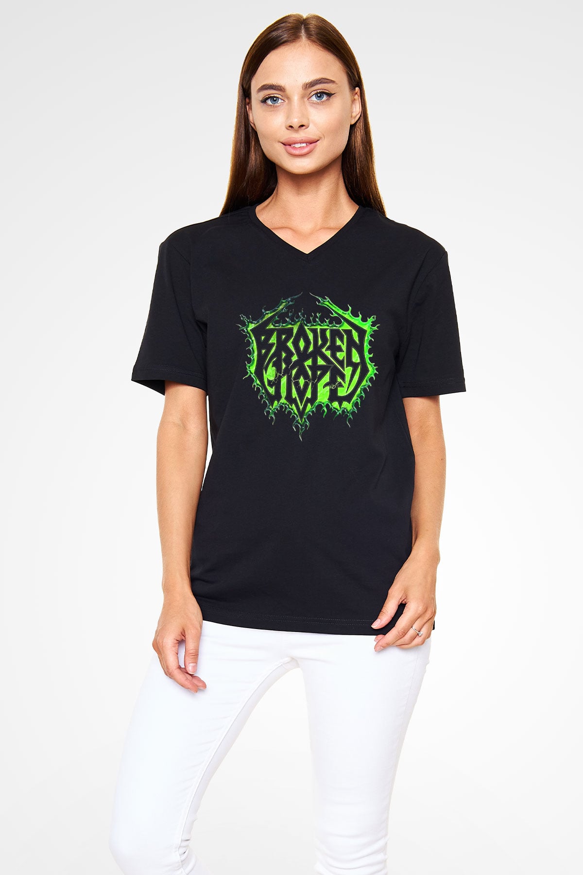 Broken Hope Baskılı Unisex Siyah V Yaka Tişört - Tshirt
