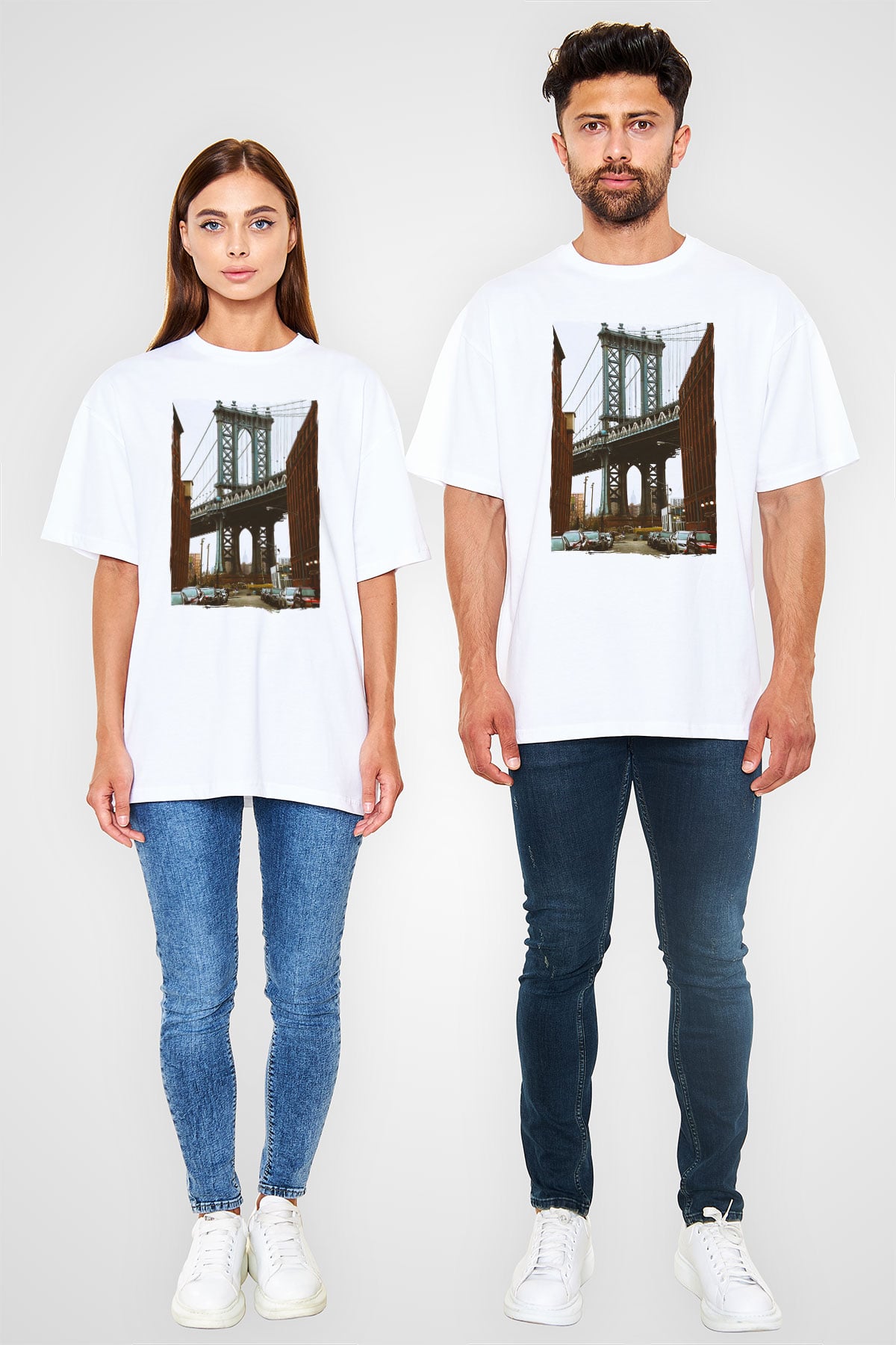 Brooklyn Köprüsü Beyaz Oversize Tişört Oversize T-shirt - TişörtFabrikası