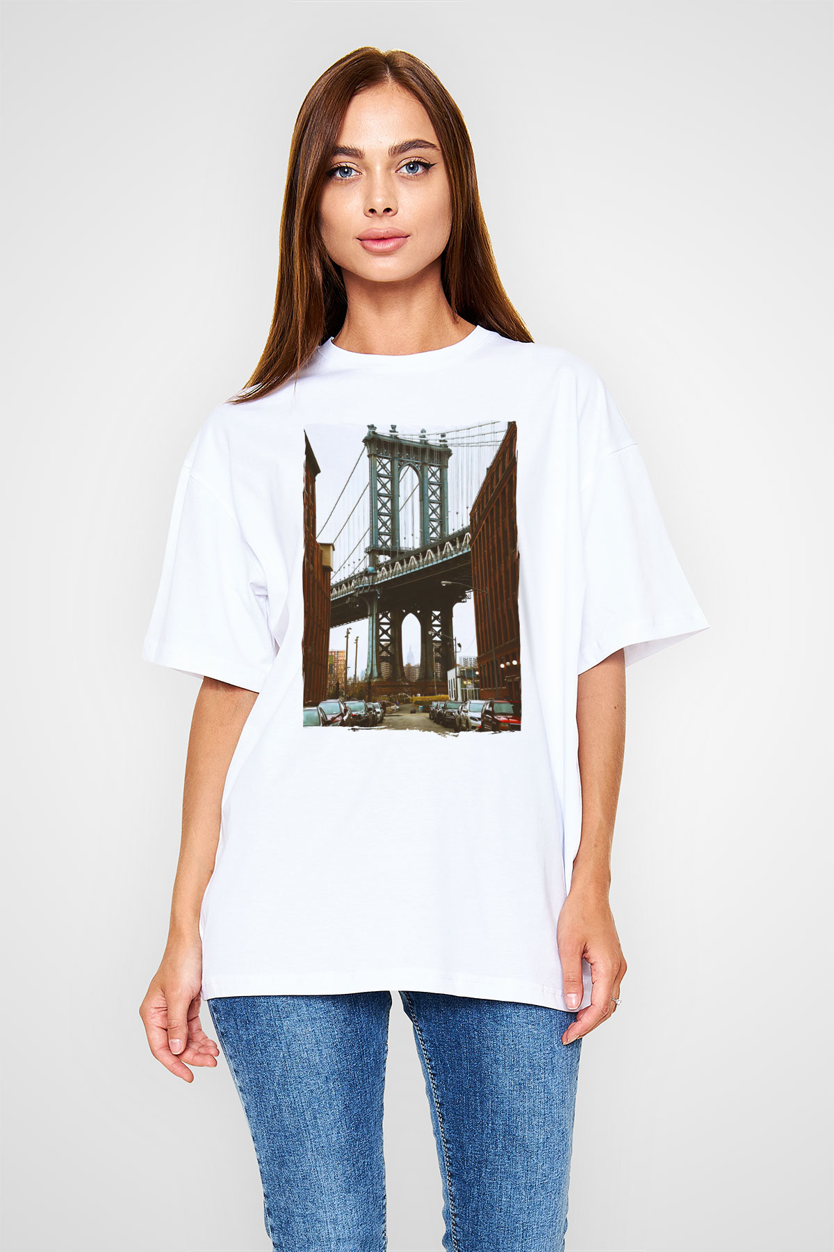 Brooklyn Köprüsü Beyaz Oversize Tişört Oversize T-shirt - TişörtFabrikası
