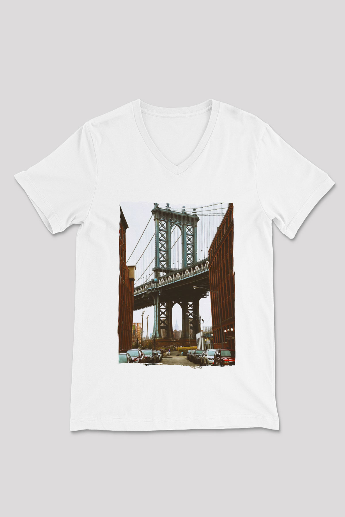 Brooklyn Köprüsü Beyaz Unisex V Yaka Tişört
