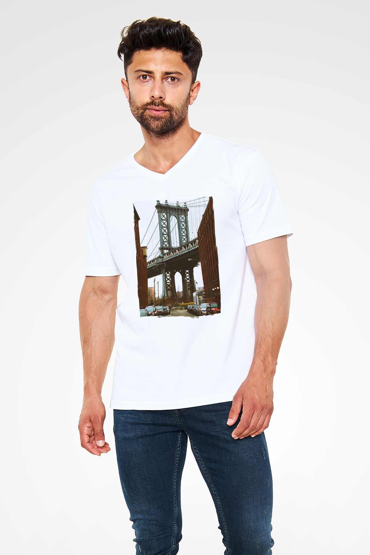 Brooklyn Köprüsü Beyaz Unisex V Yaka Tişört