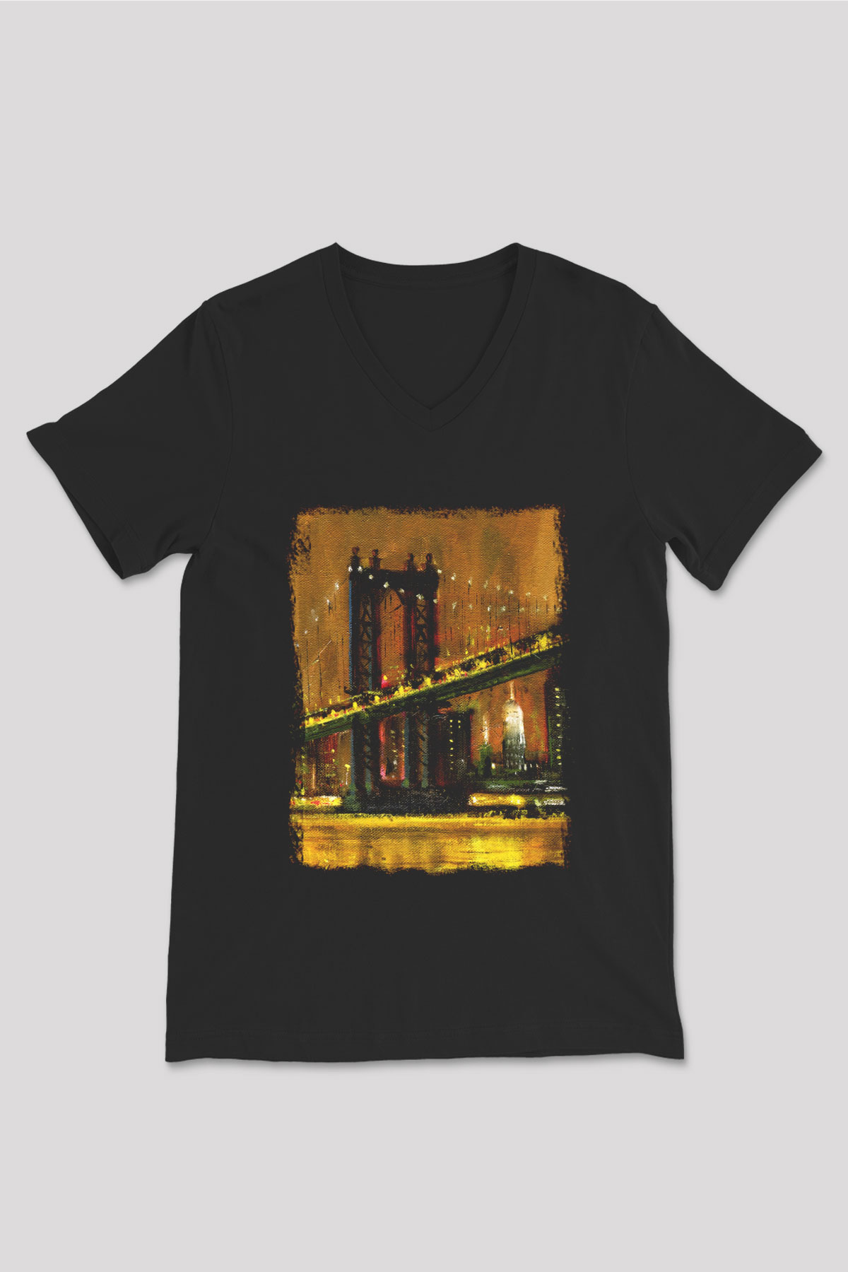 Brooklyn Köprüsü Siyah Unisex V Yaka Tişört T-Shirt