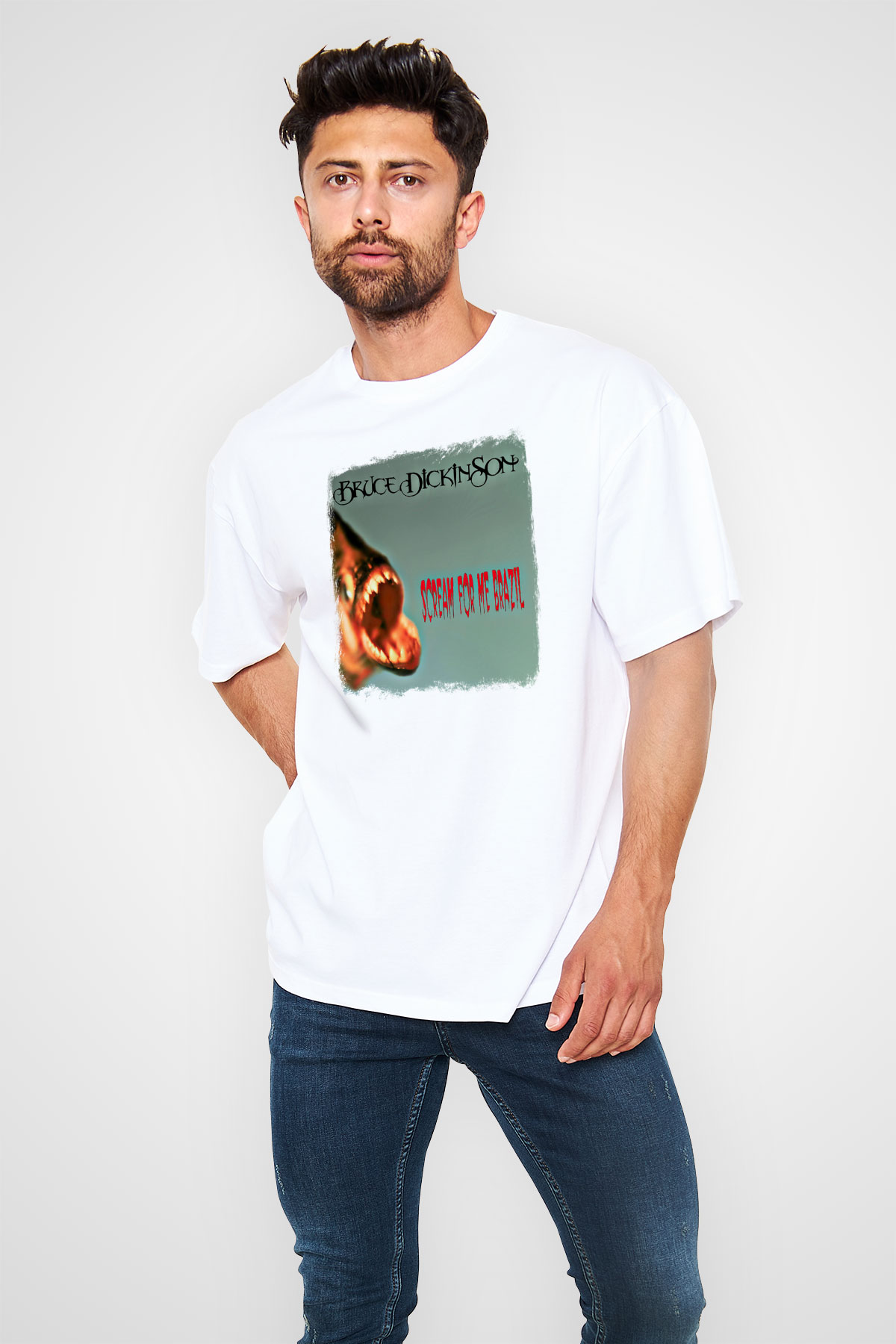 Bruce Dickinson Baskılı Unisex Beyaz Oversize Tişört