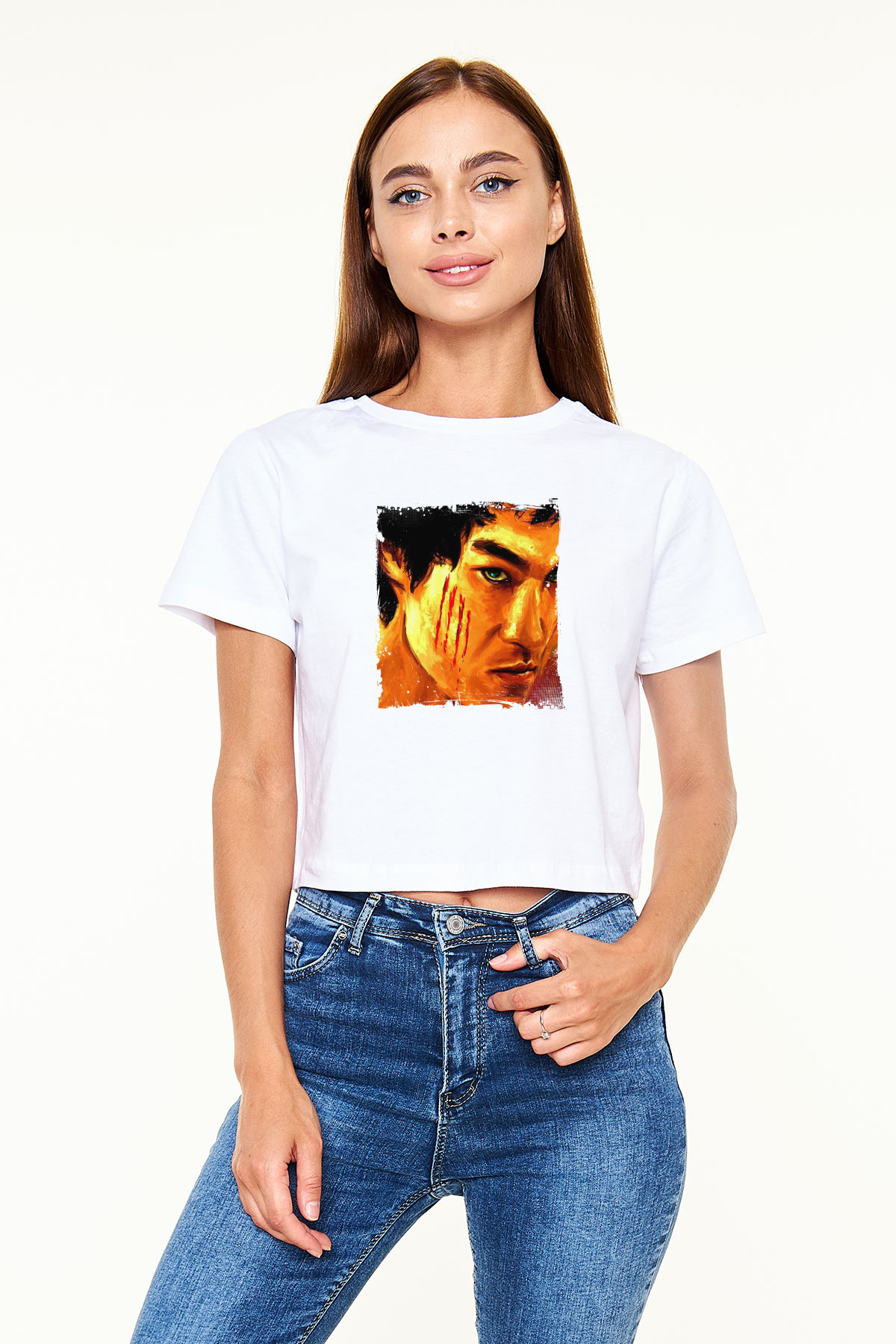 Bruce Lee Baskılı Beyaz Kadın Crop Top Tişört