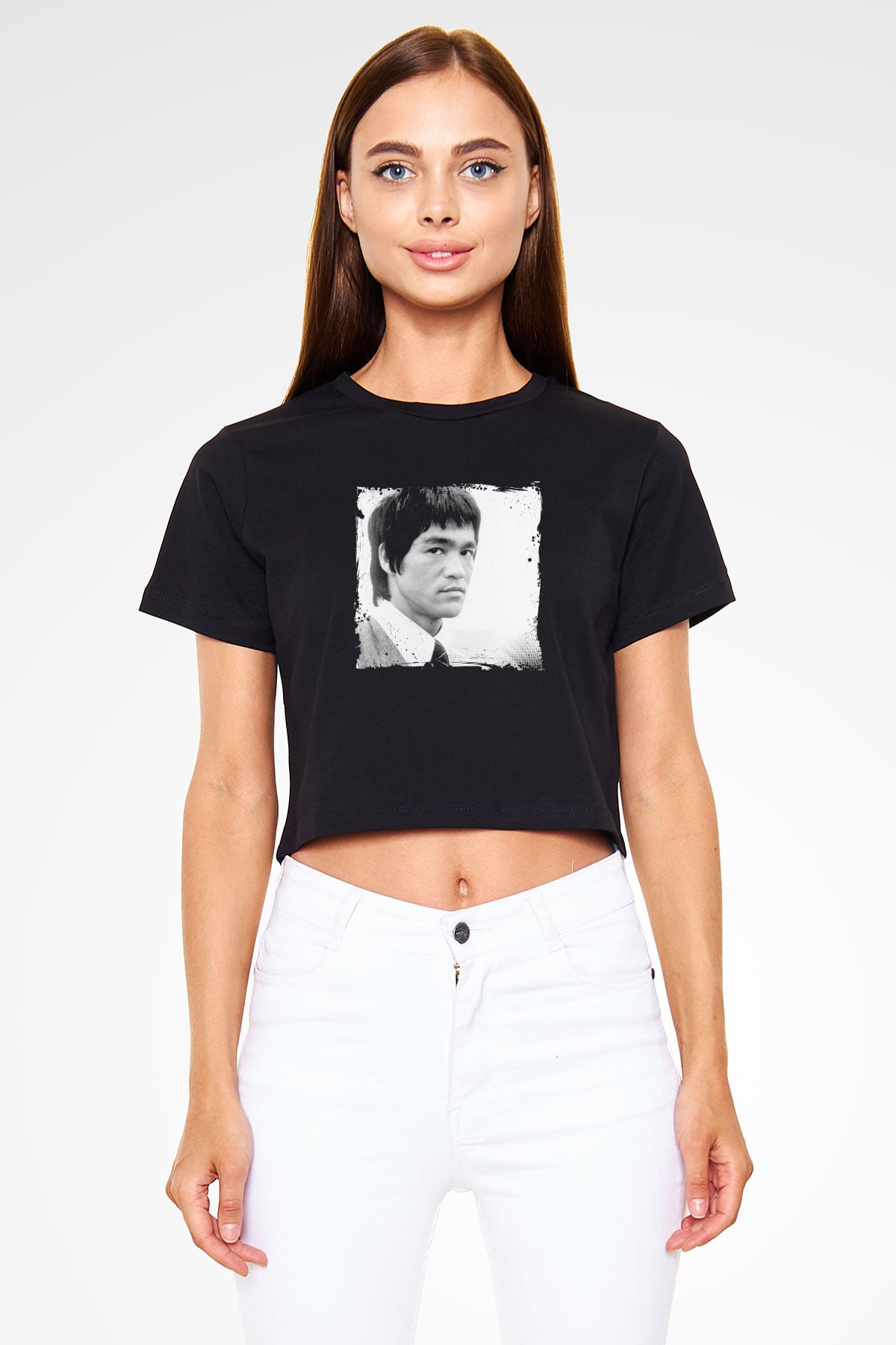 Bruce Lee Baskılı Siyah Kadın Crop Top Tişört