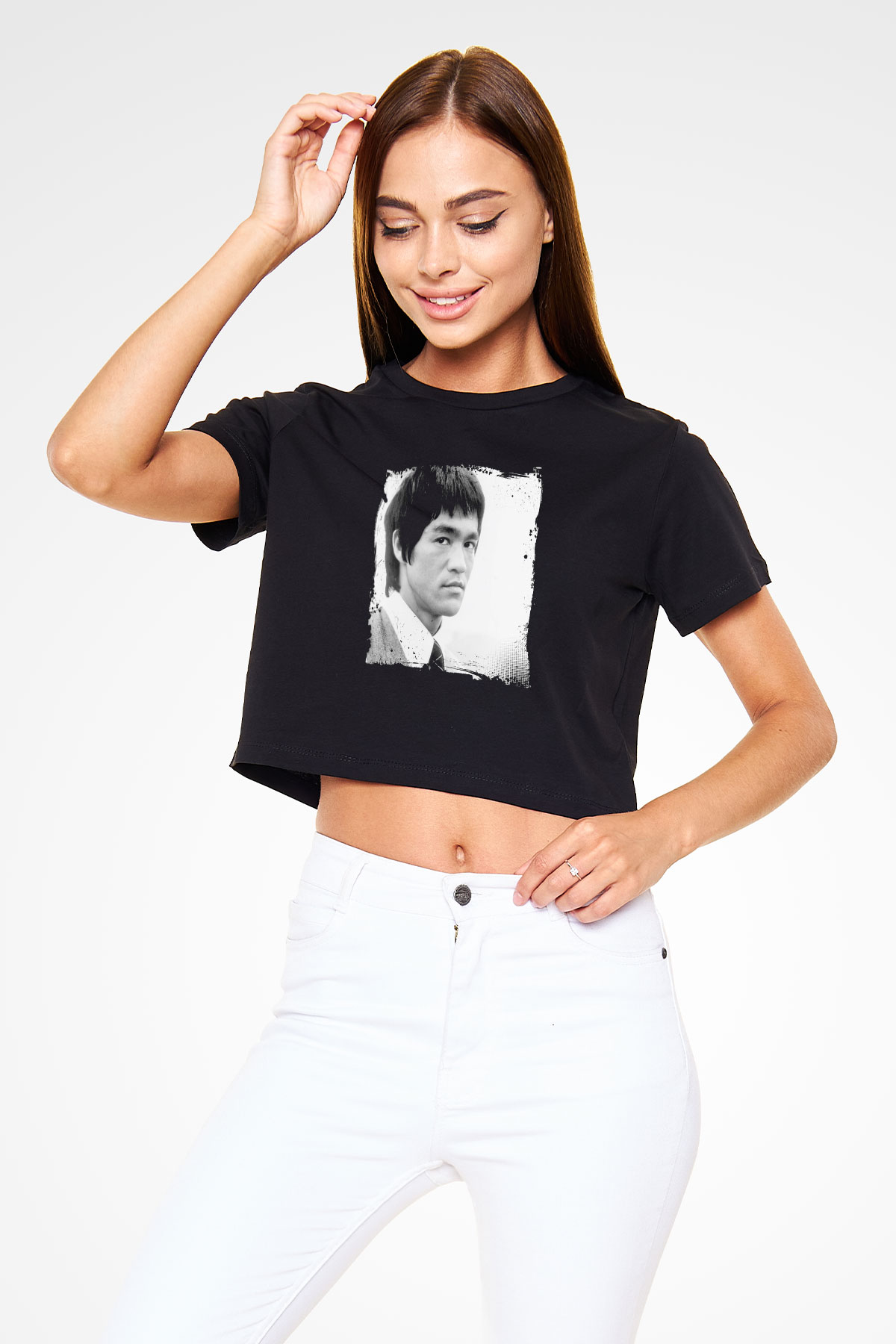 Bruce Lee Baskılı Siyah Kadın Crop Top Tişört
