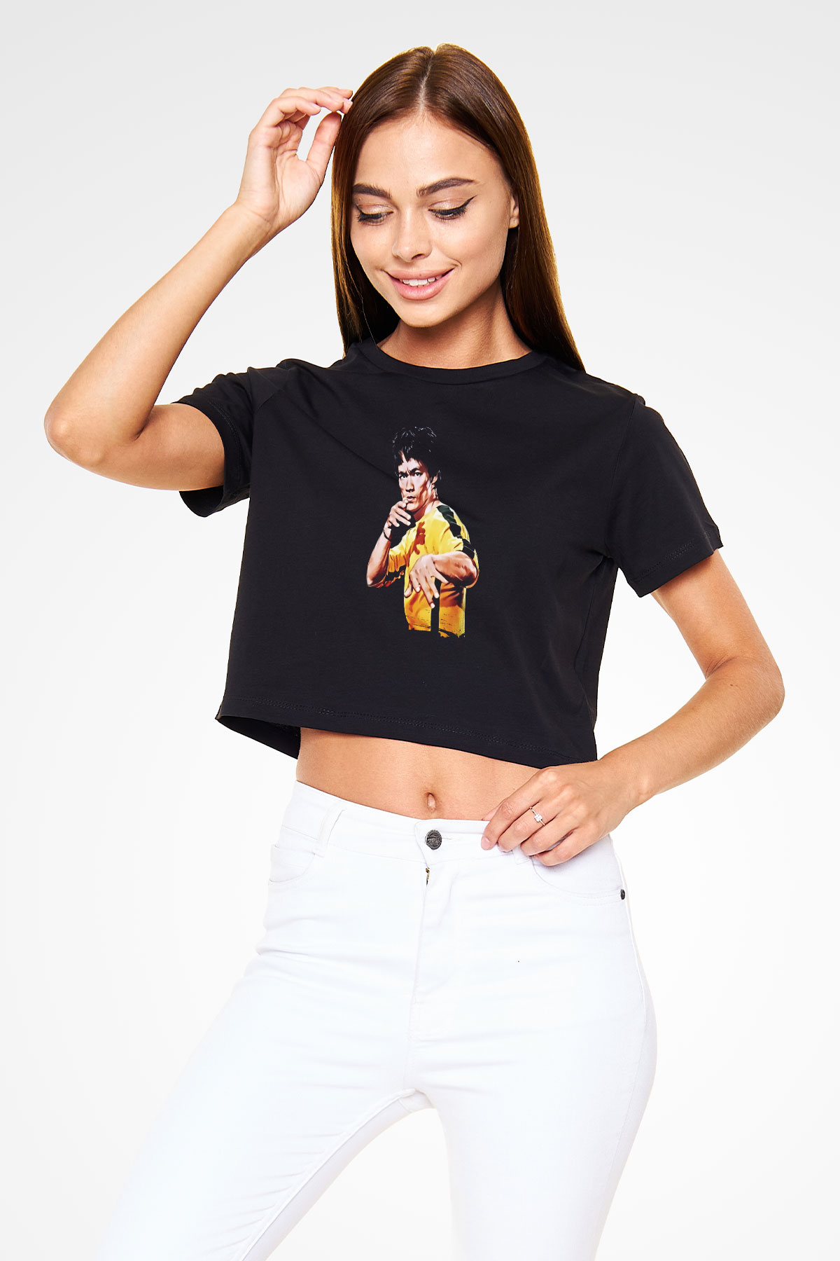 Bruce Lee Baskılı Siyah Kadın Crop Top Tişört