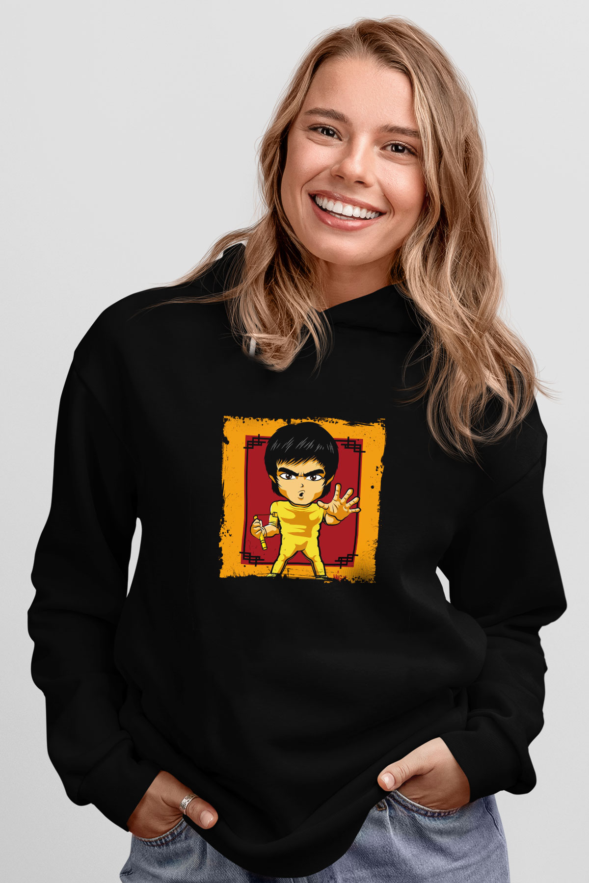 Bruce Lee Baskılı Unisex Siyah Hoodie