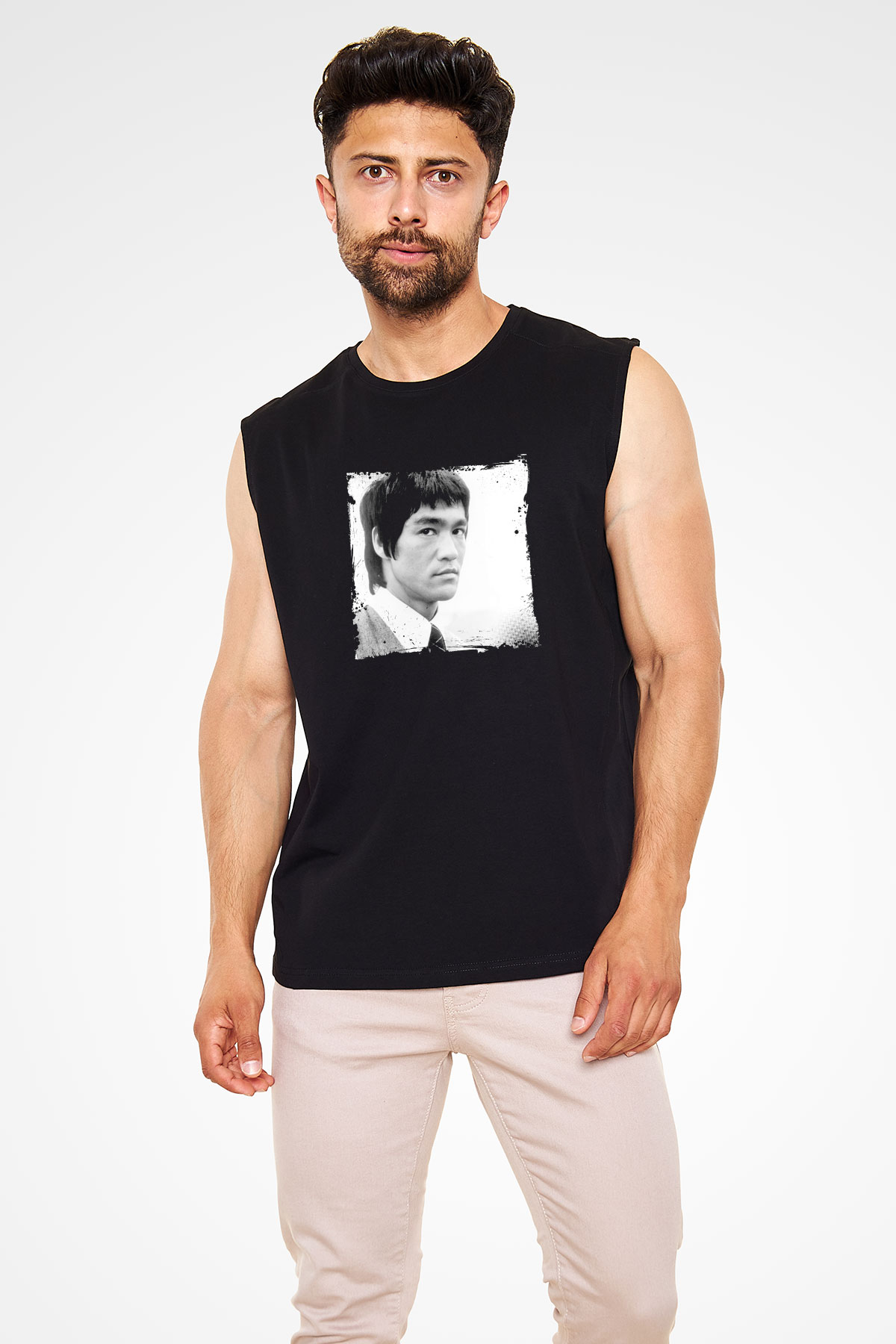 Bruce Lee Baskılı Unisex Siyah Kolsuz Tişört