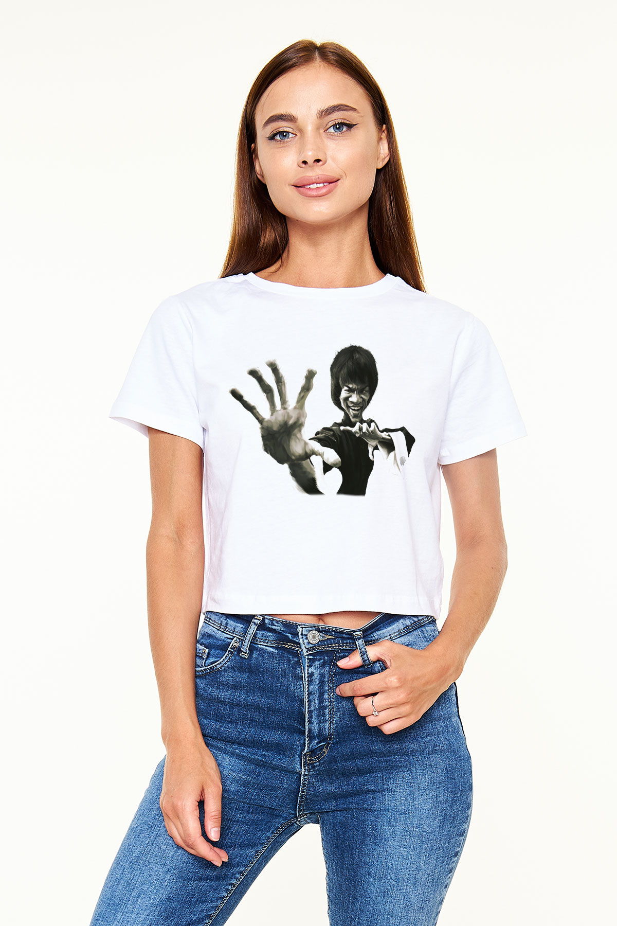 Bruce Lee Beyaz Croptop Tişört